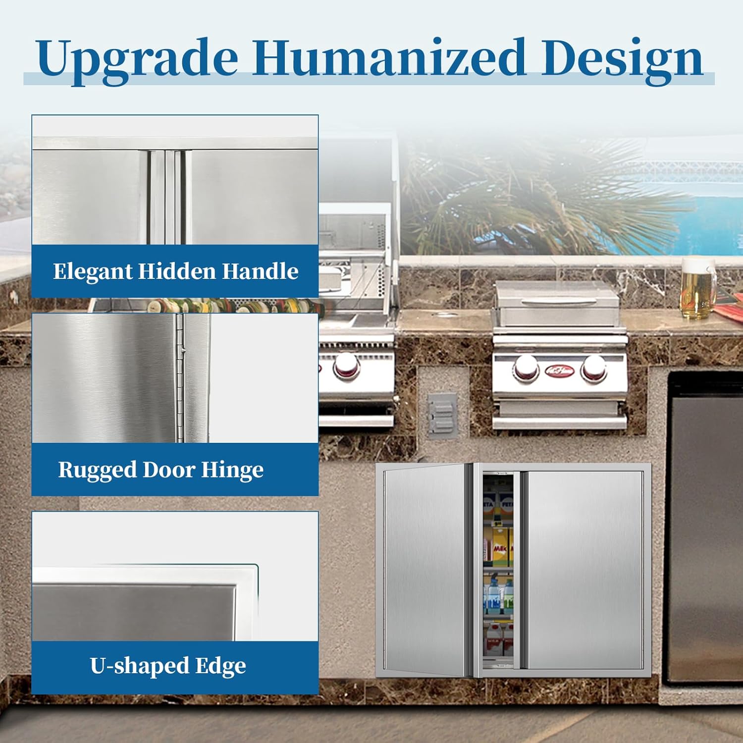 Outdoor Kitchen Doors 31''W x 24''H Stainless Steel BBQ Double Access Door with Vertical Hidden Handles Access Cabinet Door,Flush Mount Door for Grilling StationIsland& Cabinet