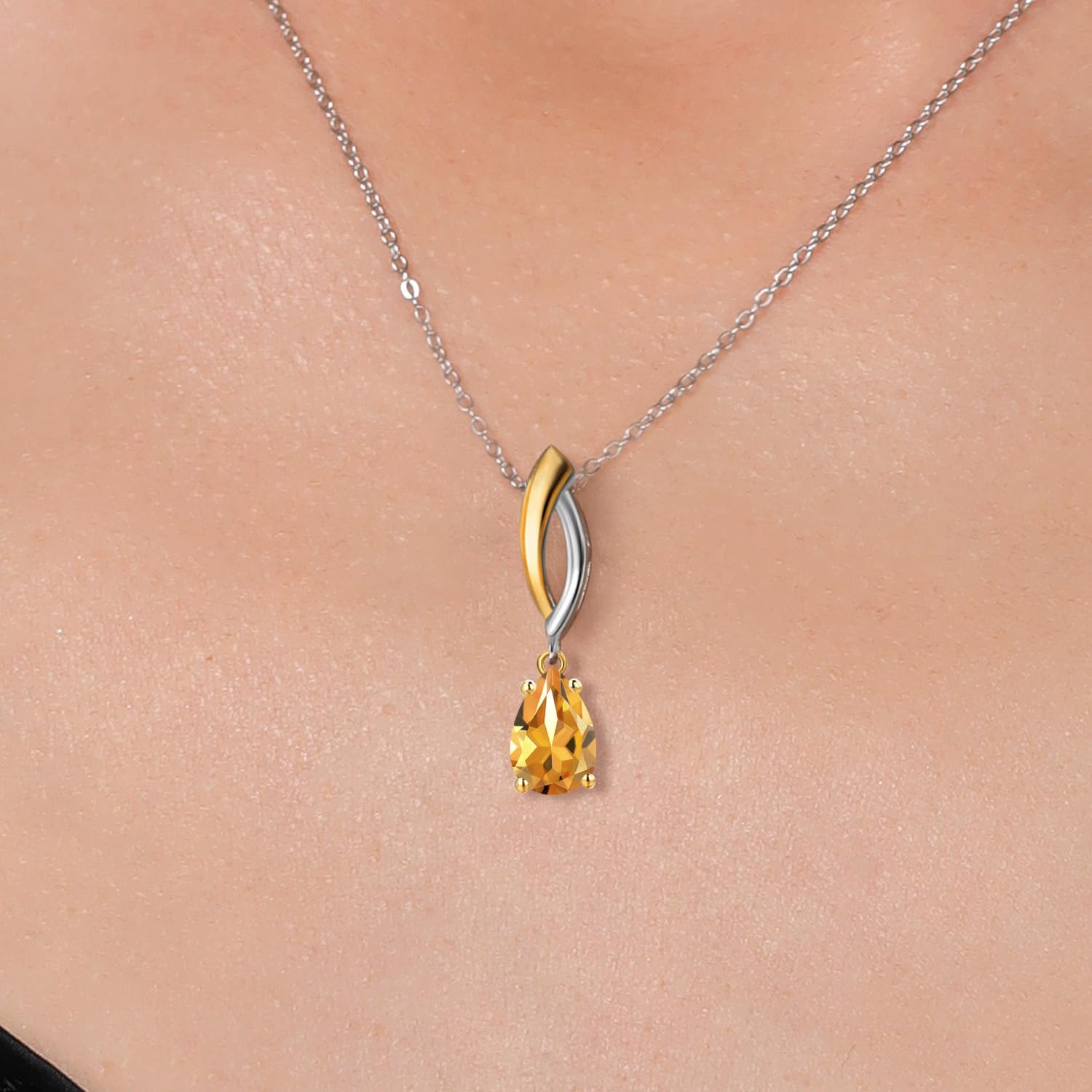 Gem Stone King 925 Silver and 10K Yellow Gold Yellow Citrine Pendant Necklace for Women | 0.73 Cttw | Gemstone November Birthstone | Pear Shape 8X5MM | With 18 Inch Silver Chain - Image 3