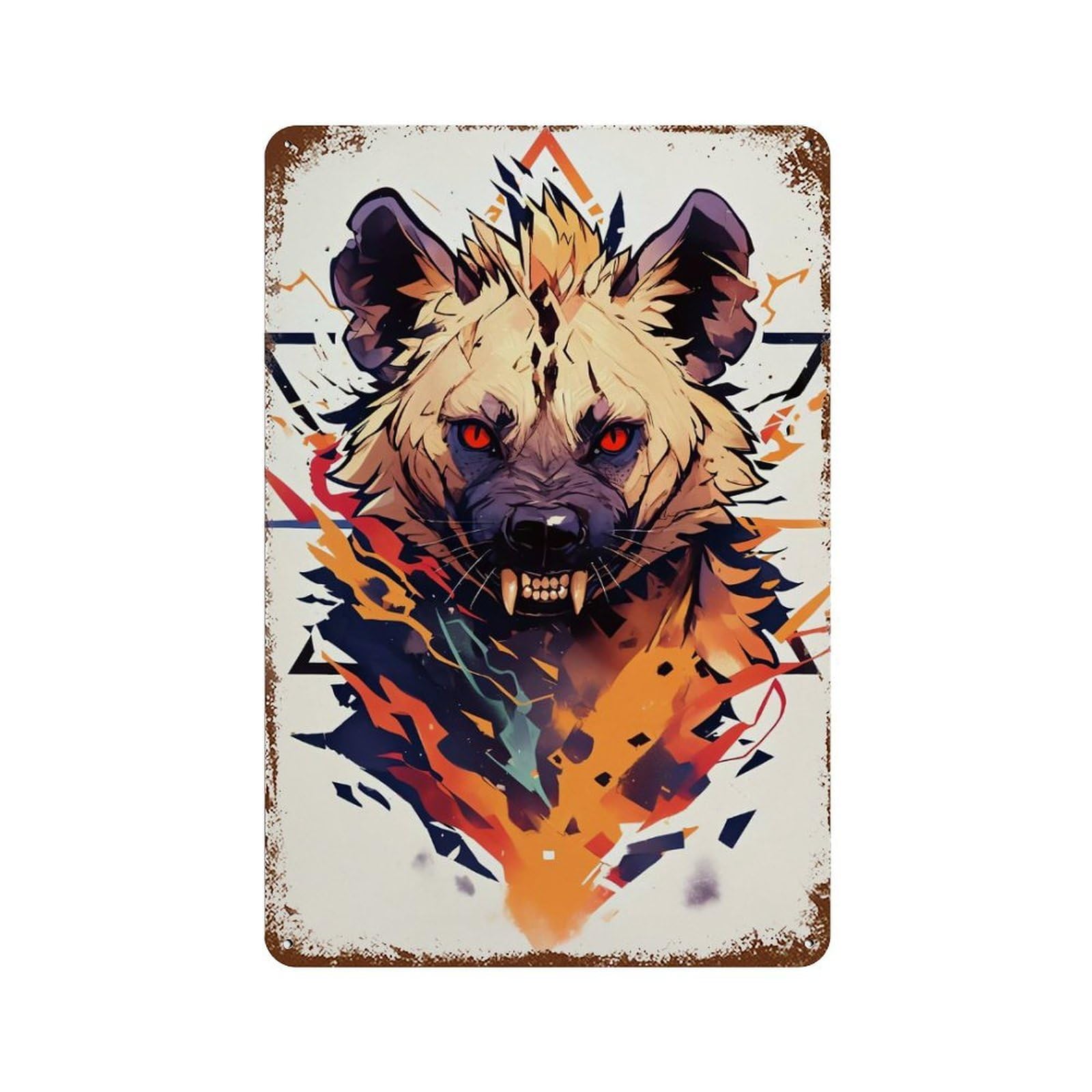 Vintage Rust Metal Sign with Stylized Hyena Portrait with Geometric Elements Design 11.8"x7.9", for Office, Studio And Wall Decor, Farmhouse Wall Decor