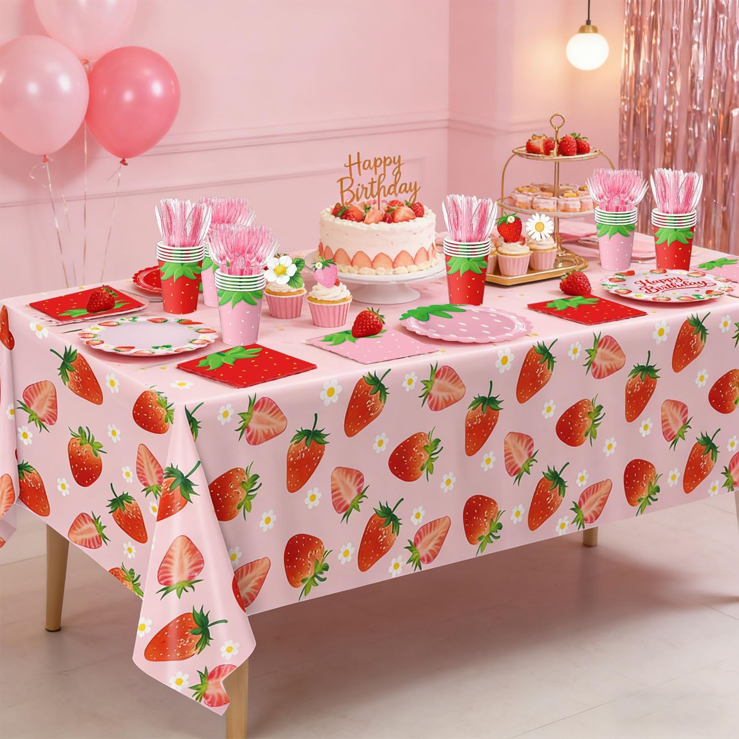 Strawberry Birthday Decorations Includes Plates, Napkins, Cups, Cutlery, Cupcake Toppers, Banner, Tablecloths, Balloons for Berry First Strawberry Shortcake Birthday Decorations, Serves 24