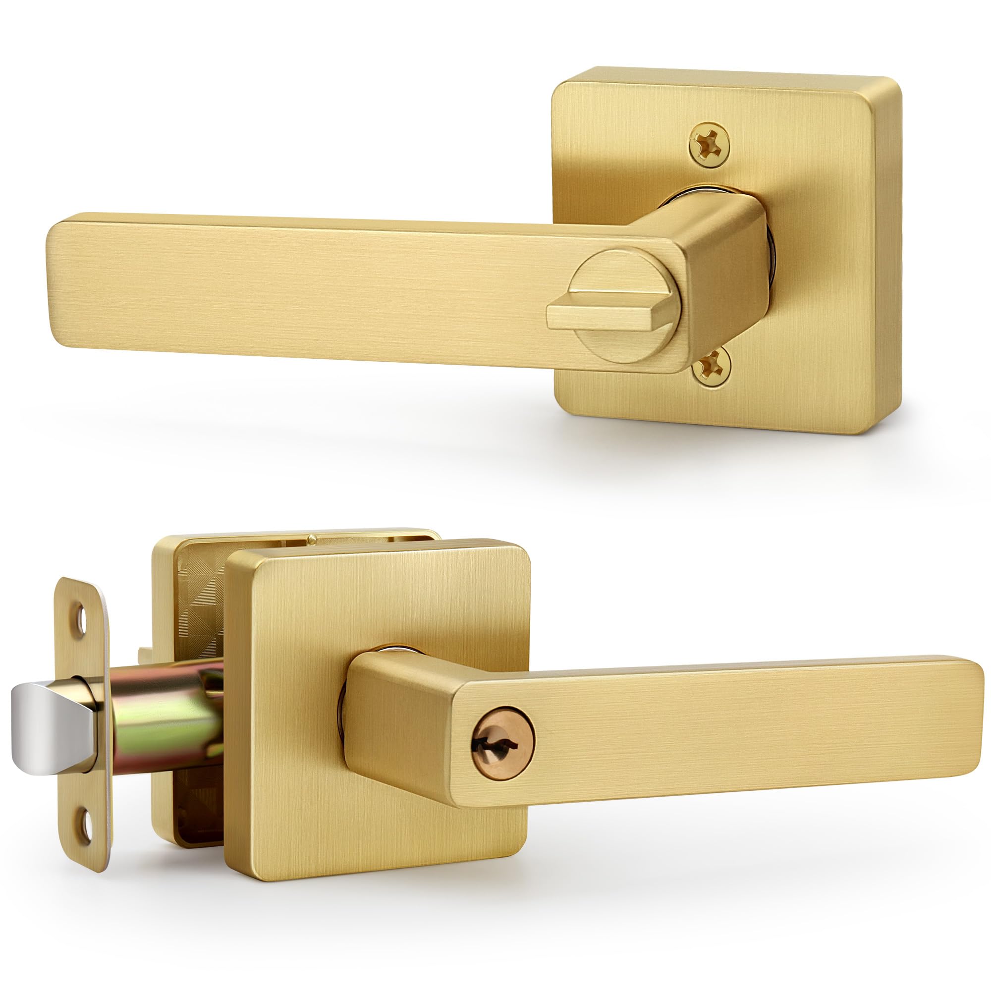 LOQRON Square Gold Door Handles with Lock and Key (Keyed Differently), Brushed Gold Reversible Door Lever, Heavy-Duty Interior/Exterior Gold Door