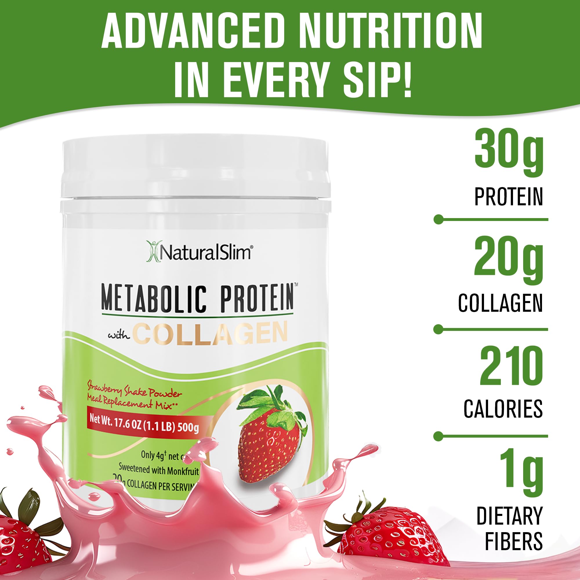 NaturalSlim Metabolic Protein Powder with Collagen, whey protein powder shake, Hydrolyzed Collagen with L-Glutamine for Metabolic Support, Digestion, Skin, Joints & Muscle, Low Carb 17.06oz Strawberry