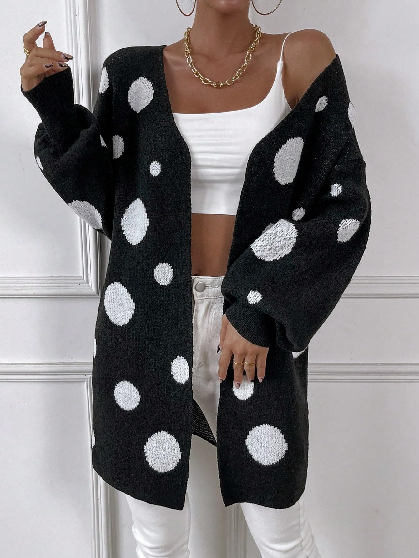 Amazon.com: Cryba Polka Dot Pattern Drop Shoulder Open Front 