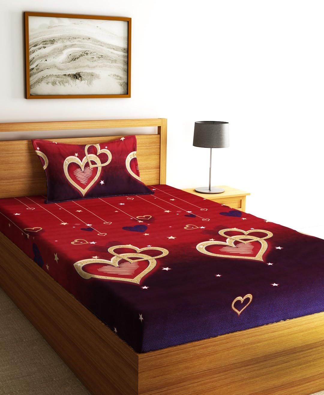 Fashion String 144 TC Microfibre Double Heart Cherry Red Single Bedsheet with 1 Pillow Cover