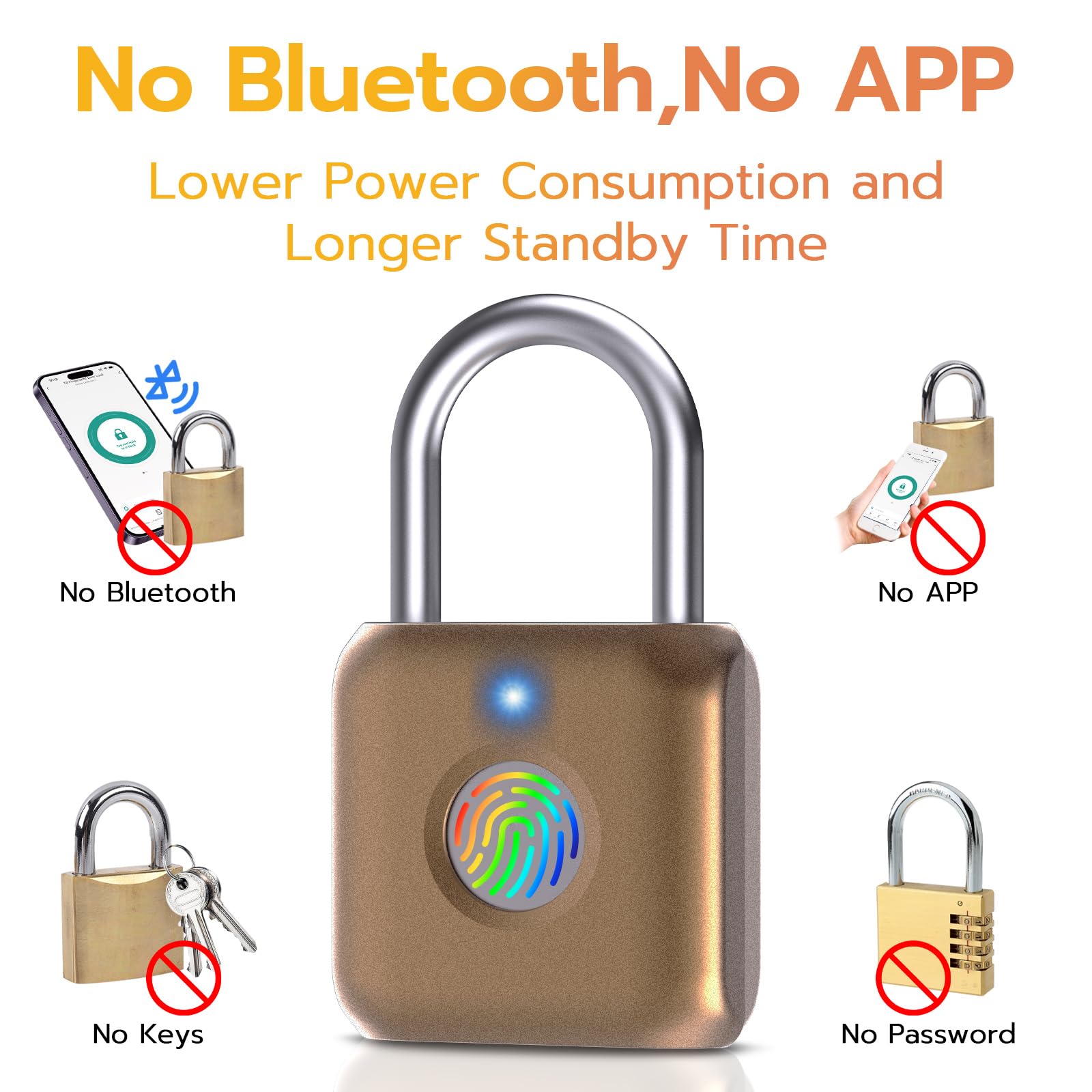 Pothunder Cadenas à empreintes digitales, cadenas intelligent, serrure biométrique en métal sans clé, rechargeable par USB, pour casier de gym, bagages, sac à dos (placer doré)