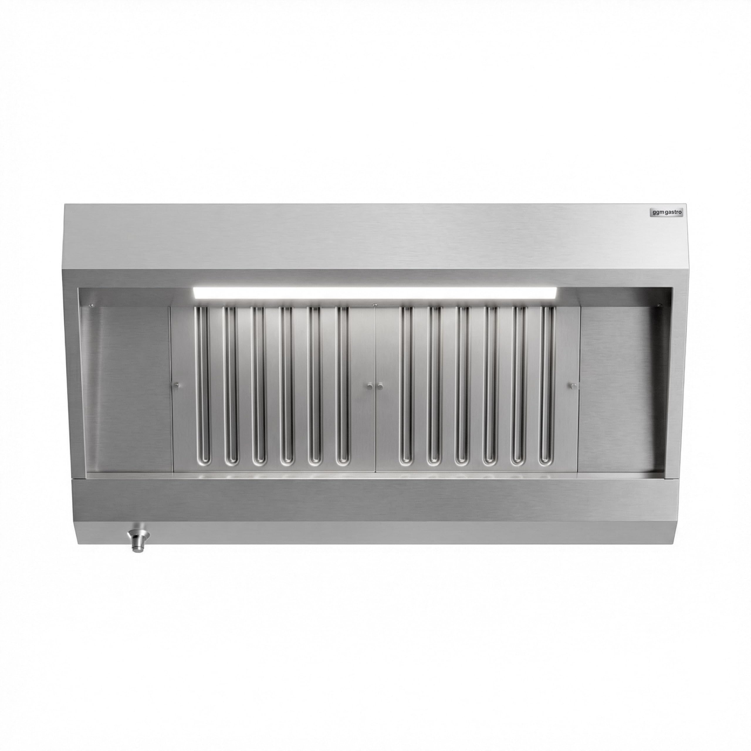 GGM Gastro Wandhaube 1200 mm mit LED | Hochwertiger Edelstahl, einfache Reinigung, integrierte Fettfangrinne mit Ablasshahn, optimale Absaugung, langlebig