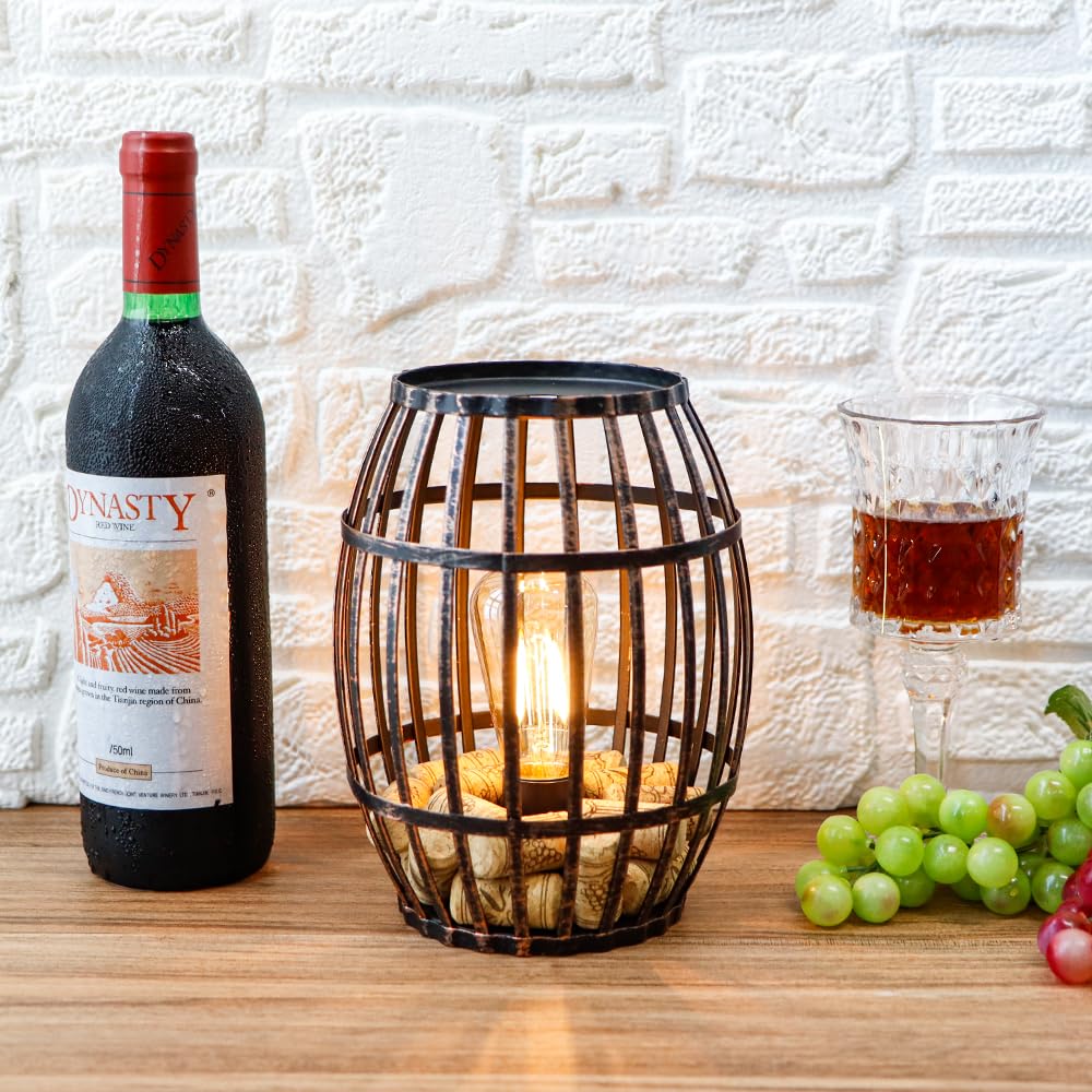 JHY DESIGN Decorative Table Lamp Battery Powered 8“H Cordless Metal Wine Cork Holder Lamp with 6-Hour Timer for Tabletop Home Patio Dining Room Living