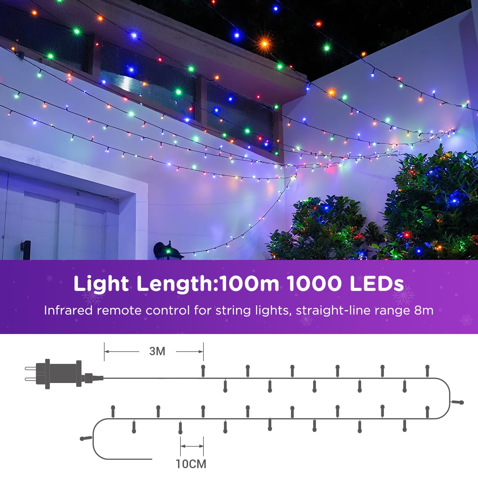 GlobaLink Weihnachts-Lichterkette 100M 1000LED warmweiß/bunt | 11 Modi, dimmbar, mit Fernbedienung und Timer, für Weihnachtsbaum und Dekoration