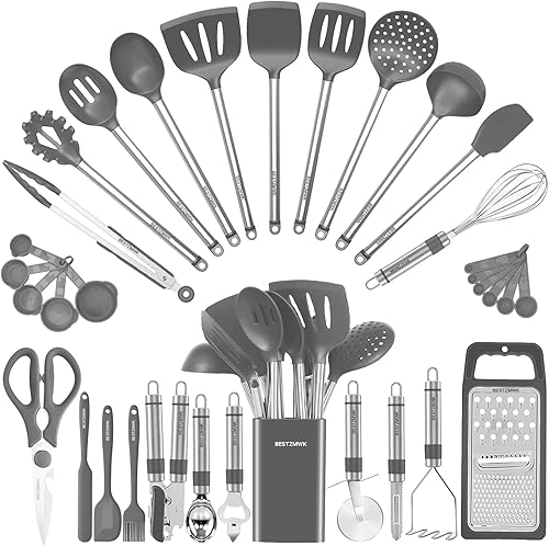 Juego de utensilios de cocina de silicona, 33 utensilios y cucharas antiadherentes, juego de espátulas de silicona y acero inoxidable, las mejores