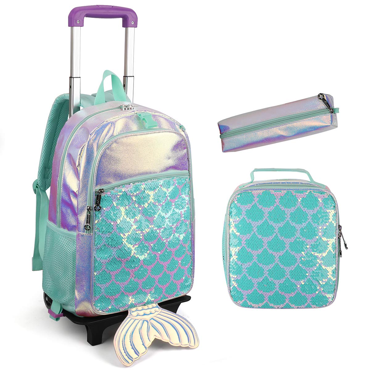 IvyH Mochilas Escolares con Ruedas Niñas, Mochila con 2 Ruedas Carro y Bolsa del Almuerzo y Estuche de Lápices Bolsos Escolares para Niños Chicas