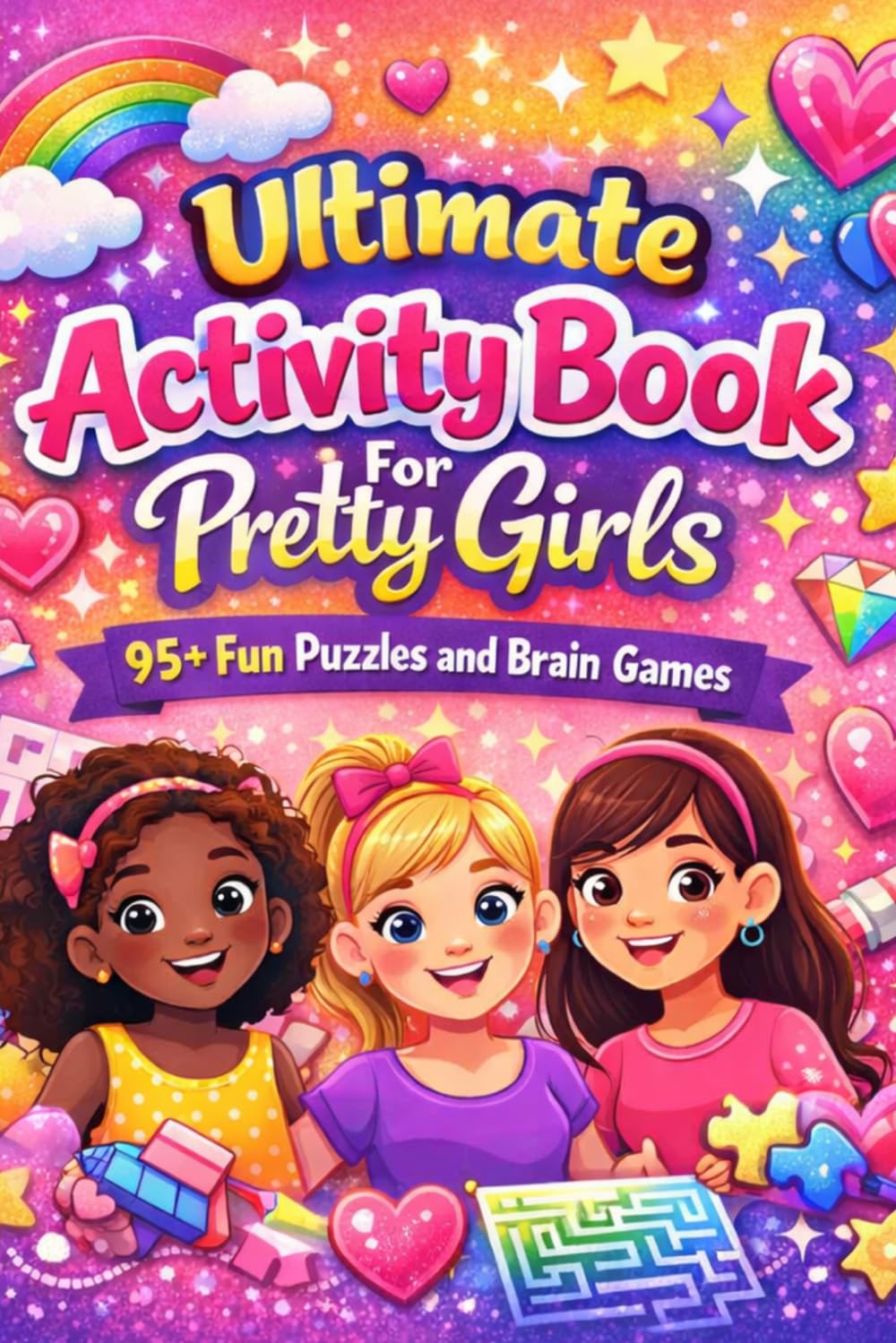 Ultimate Activity Book For Pretty Girls: 95+ Fun Puzzles (Sudoku, Word Search, Crossword, Rectangular Mazes & Nurikabe) |Solution Included|