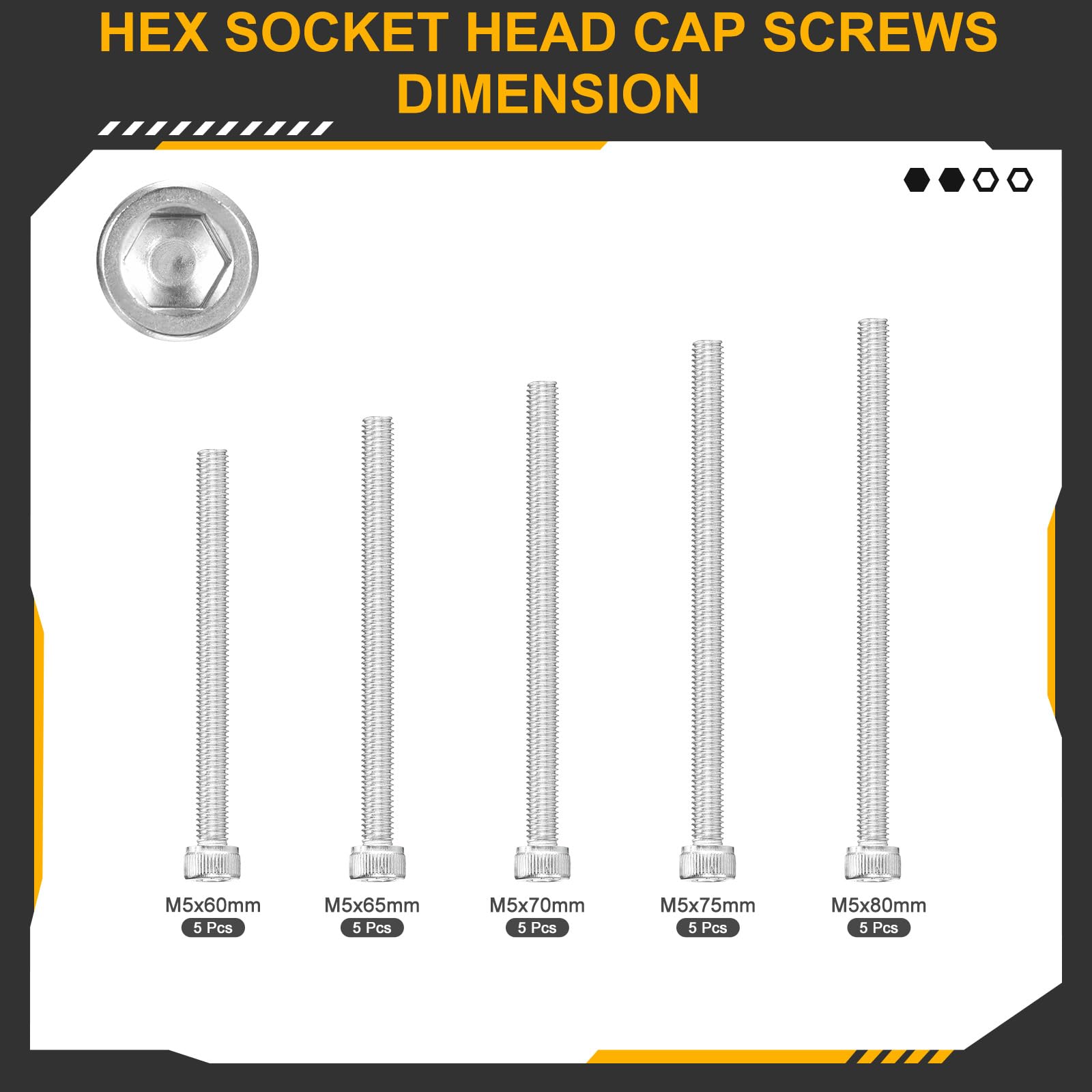 DTGN M5x0.8x60/65/70/75/80 Hex Socket Head Cap Screws Blots Assortment Kit, 25Pack, Good for Mountain Bike Auto, Motorcycle - Image 2