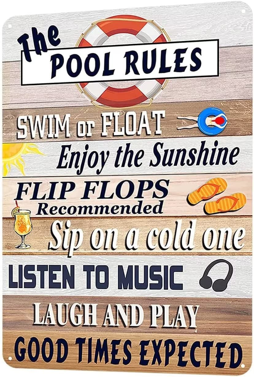 rayprint The Pool Rules Vintage Metal Tin Sign Home Decor Retro Poster Outdoor Wall Door Decor Wood Texture Vintage Metal Plaque For Home Kitchen Garden Cafe Shop Pool Beach 12x16 Inch