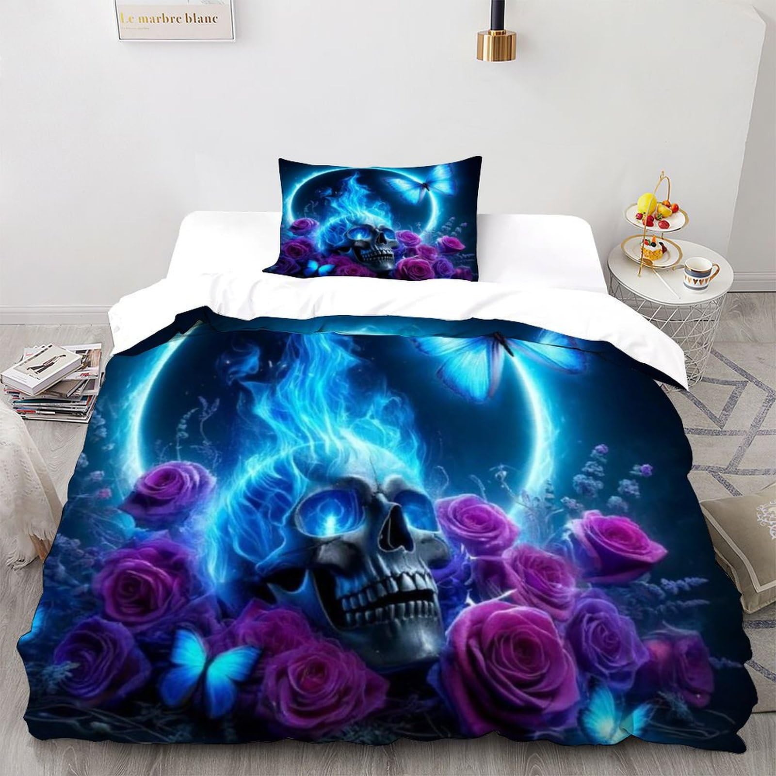 Housse de couette crâne noir 135x200 avec zip pour en finir avec la couette qui glisse