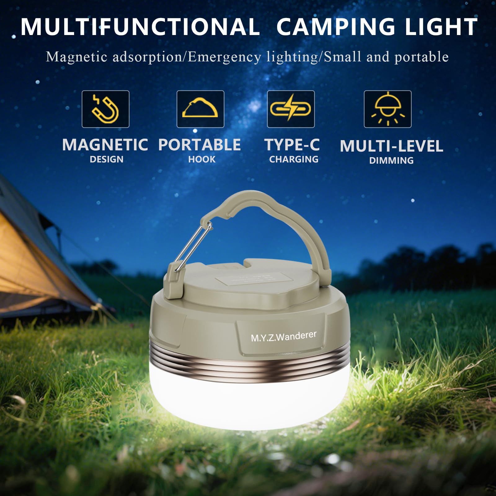 Lanterna portatile da campeggio a LED, ricaricabile, 4 modalità di illuminazione, power bank, con base magnetica, torcia elettrica per campeggio, escursionismo, pesca, uragano, emergenza