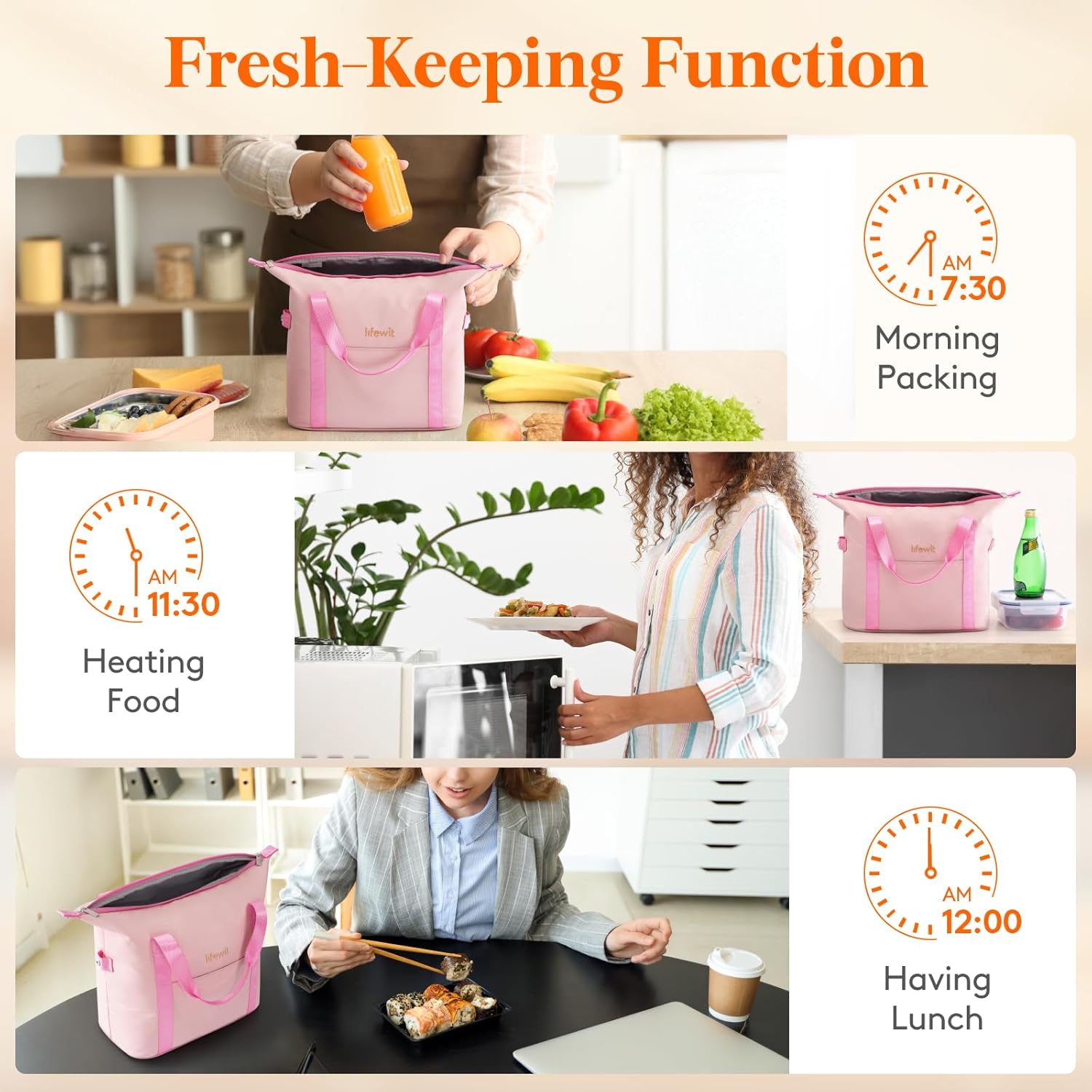 Lifewit Insulated Lunch Box for Women, Lightweight Tote Bag Reusable Lunch Bag Soft Cooler, Large Lunchbox for Work Travel for Women Adults, 12L Pink - Image 3