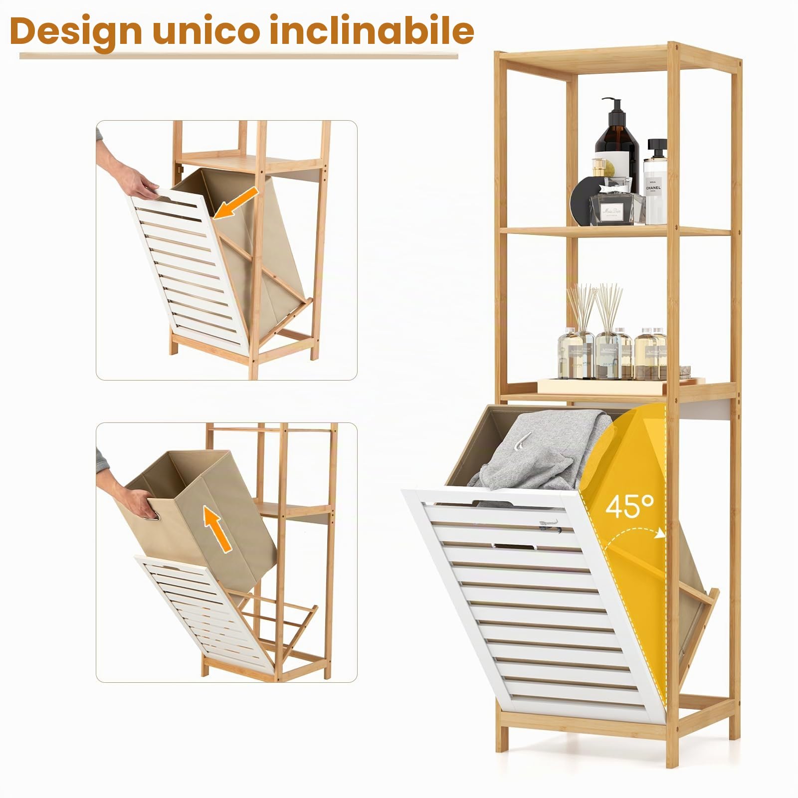LIFEZEAL Armadio da Terra, Scaffale da Bagno a 3 livelli, Cesto Portabiancheria in Bambù, Mobile Biancheria Sporca, Porta Biancheria Salvaspazio con Scomparto per Laundry,36x33x130cm