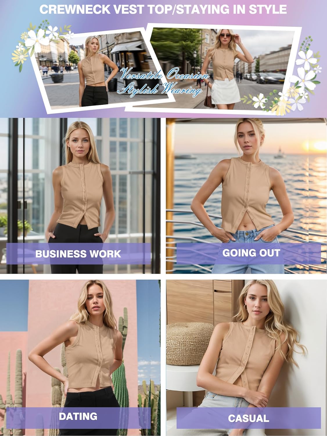 Women’s Button Down Tank Tops Sleeveless Ribbed Crop Summer Button Up Crewneck Vest Shirt Going Out Slim Fit Tops - Image 7