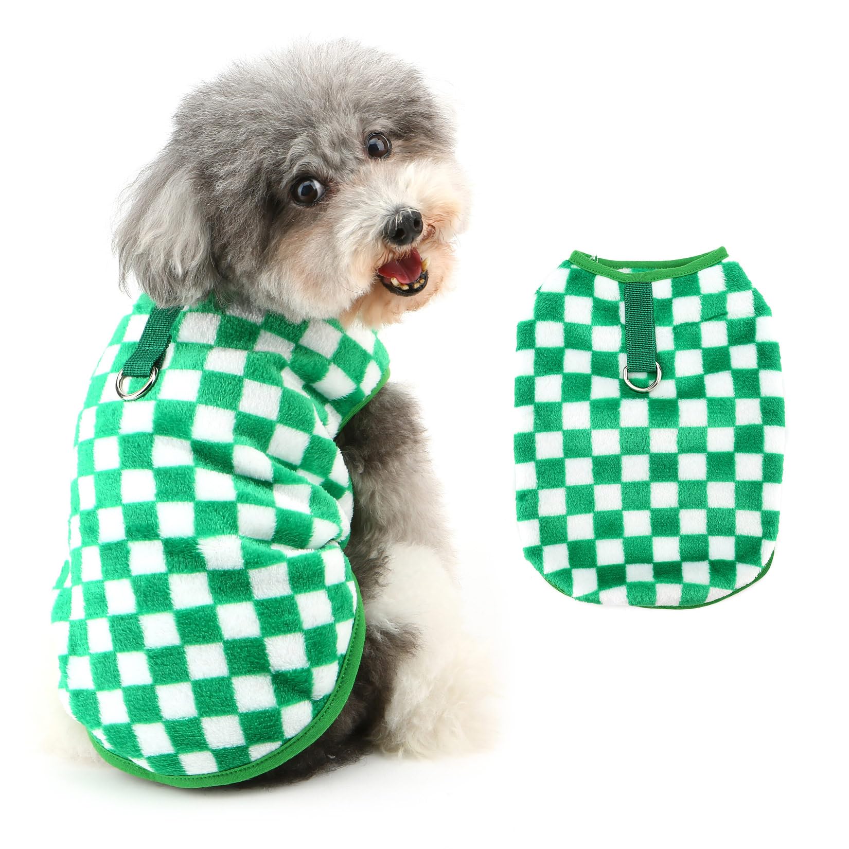 Ranphy Pet Checkered Fleece Sweatshirt for Small Dog Puppy Sleeveless Vest Pullover Jumper Yorkie Chihuahua Autumn Winter Clothes with Leash Ring Cat Clothing,Green,S