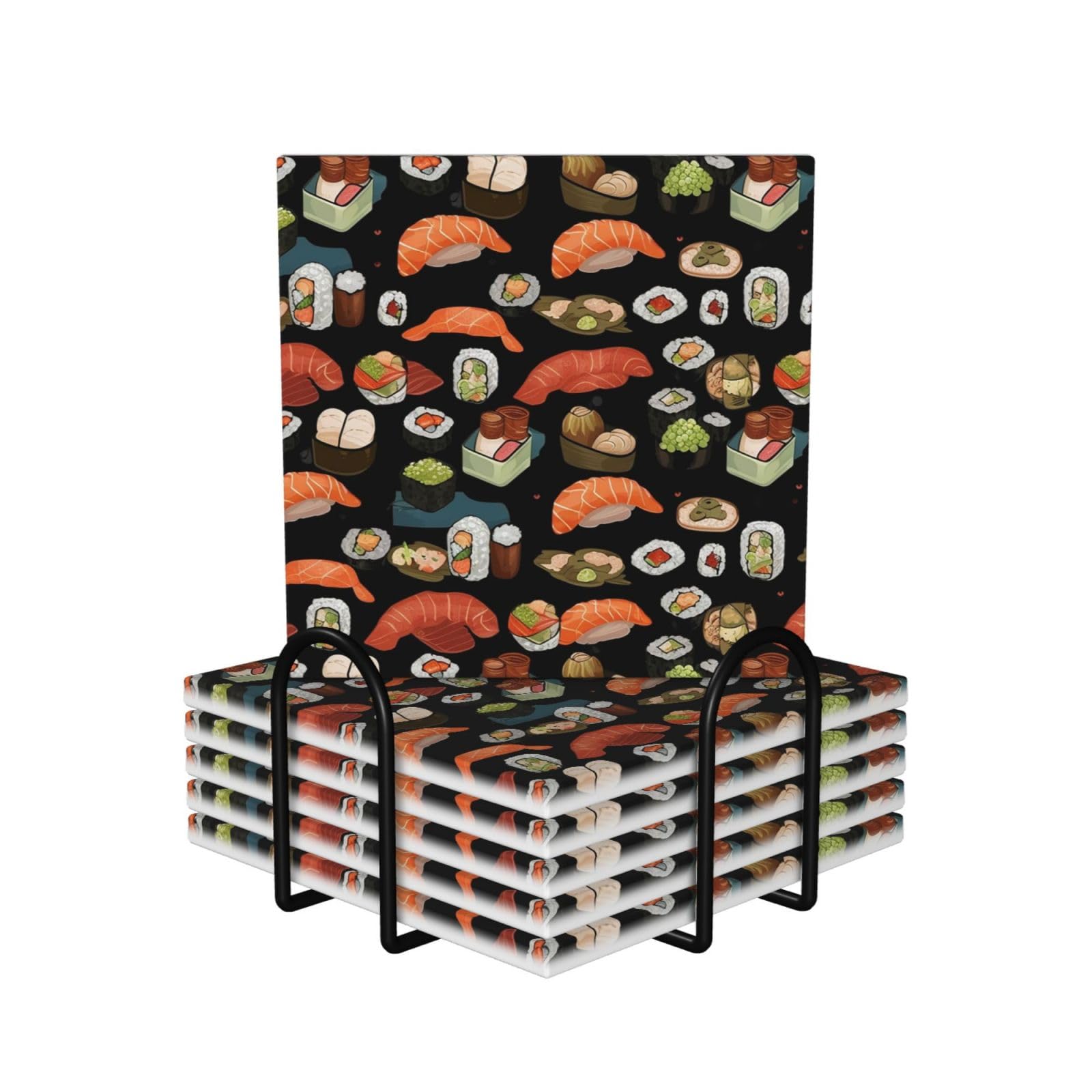 6Pcs Ceramics Coaster for Drinks, Japanese Sushi Black Cup Coasters with Holder, Aesthetic Drink Coasters for Coffee Table, Absorbent Round Coaster for Tabletop Protection 4" Cup Mat Pad