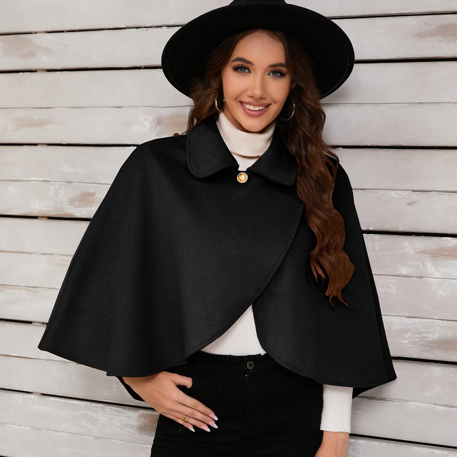 Lapel Collar Shawl Capes Faux Wool Short Cloak Coverup Crosses Wrap Front Sweater Ponchos Elegant Solid Color for Women, Khaki, as the pic show