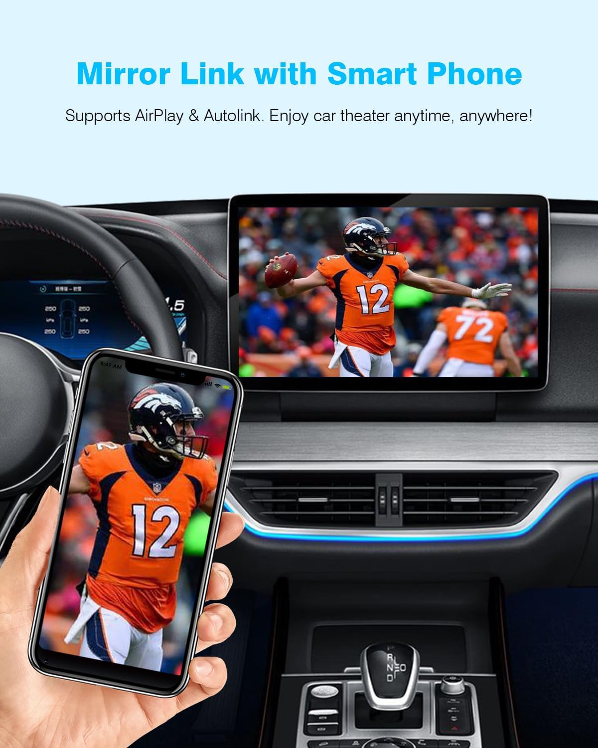 Smartphone screen mirrored onto a car's infotainment display, showing a video.