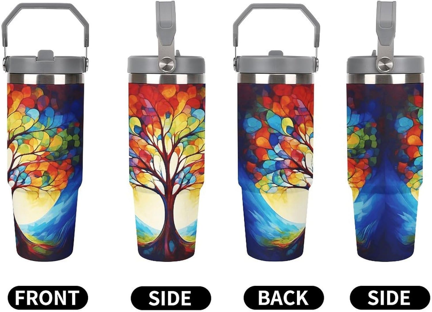 Colorful Tree of Life Water Bottle 30 Oz Fits Car Cup Holder,Insulated Coffee Mug Large Capacity Car Cups,Stainless Steel Double Wall Sport Bottle for Travel Sports Gym