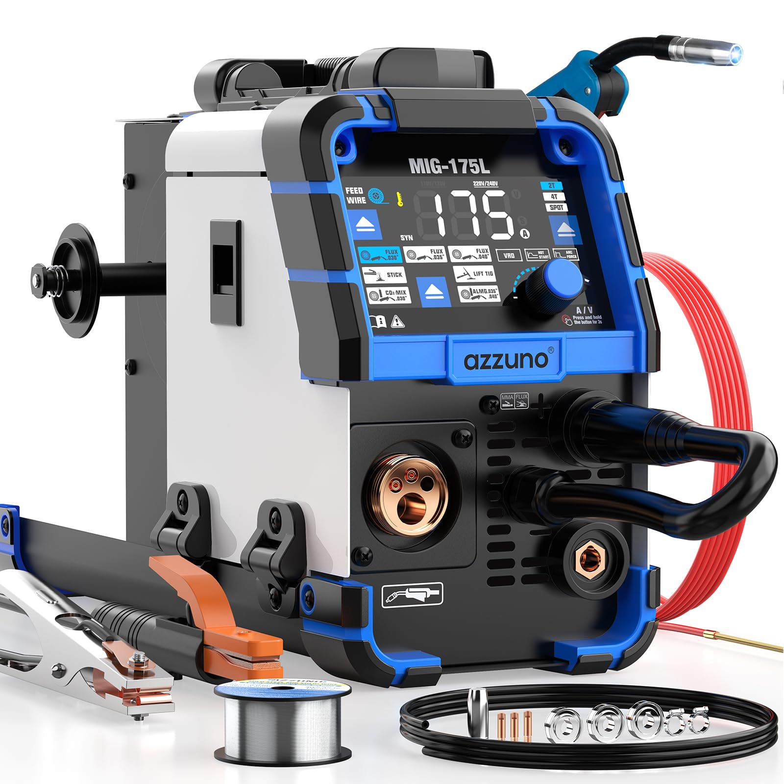 AZZUNO Soldador MIG de aluminio de 175 amperios, 110 V/220 V, doble vlotage 5 en 1, a gas, MAG/aluminio MIG/soldador de núcleo de flujo sin gas, máquina de soldadura TIG, máquina de soldadura de