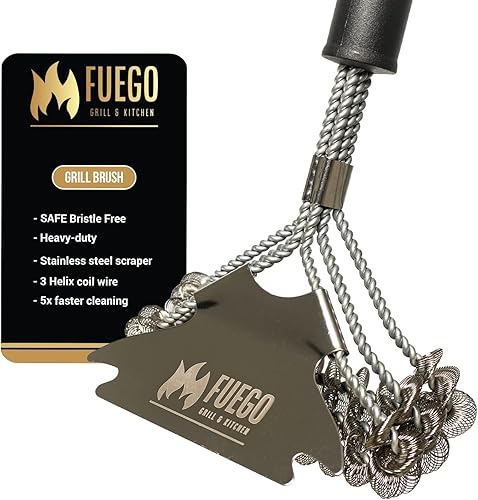 Cepillo y raspador para parrilla de fuego, sin cerdas, raspador de acero inoxidable de alta calidad y cepillo de alambre triple hélice, mango
