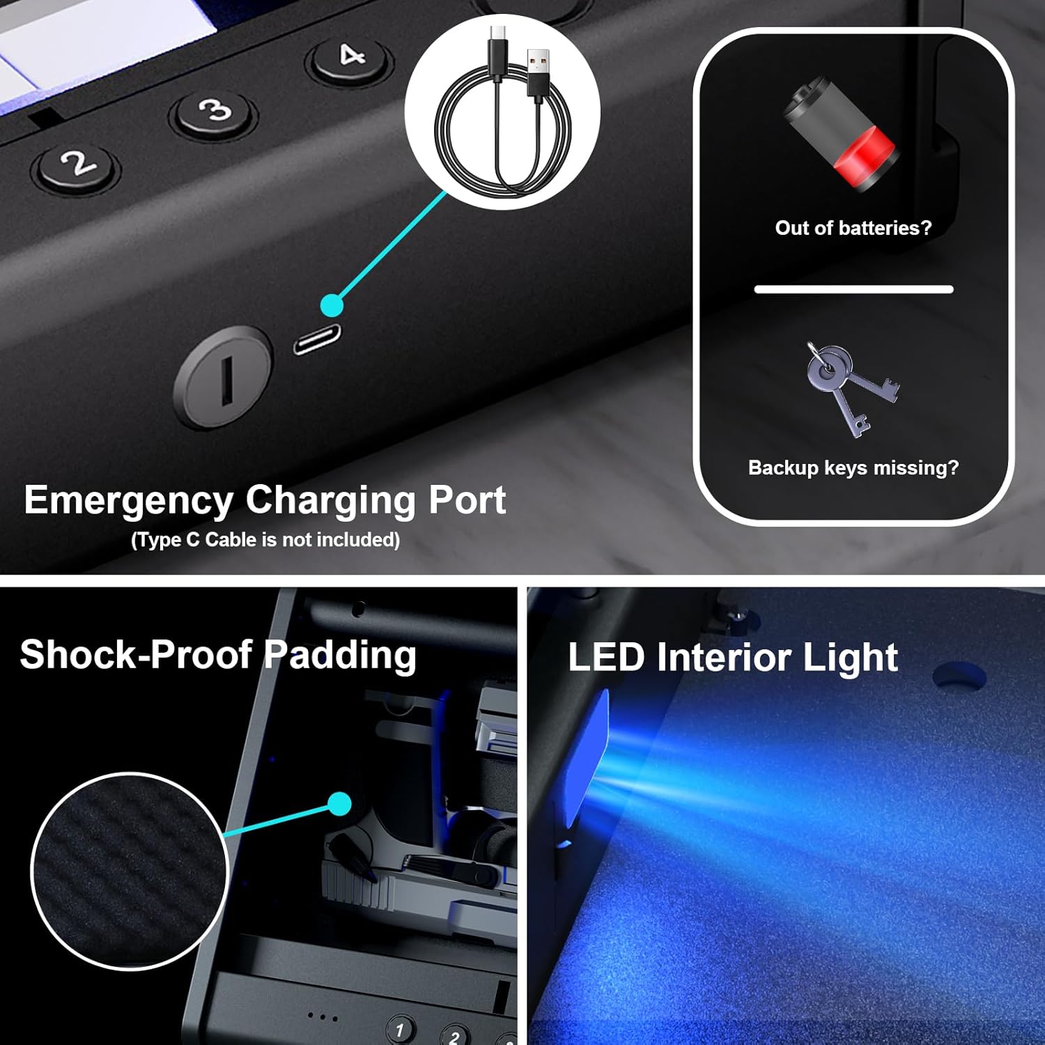 Gun Safe For Handgun, Gun Case, Biometric Gun Safe For Car, Pistol Safes With Fingerprint|Passcode|Key Unlock, Full Voice Prompt Gun Lock Box with Cable, Charging Port