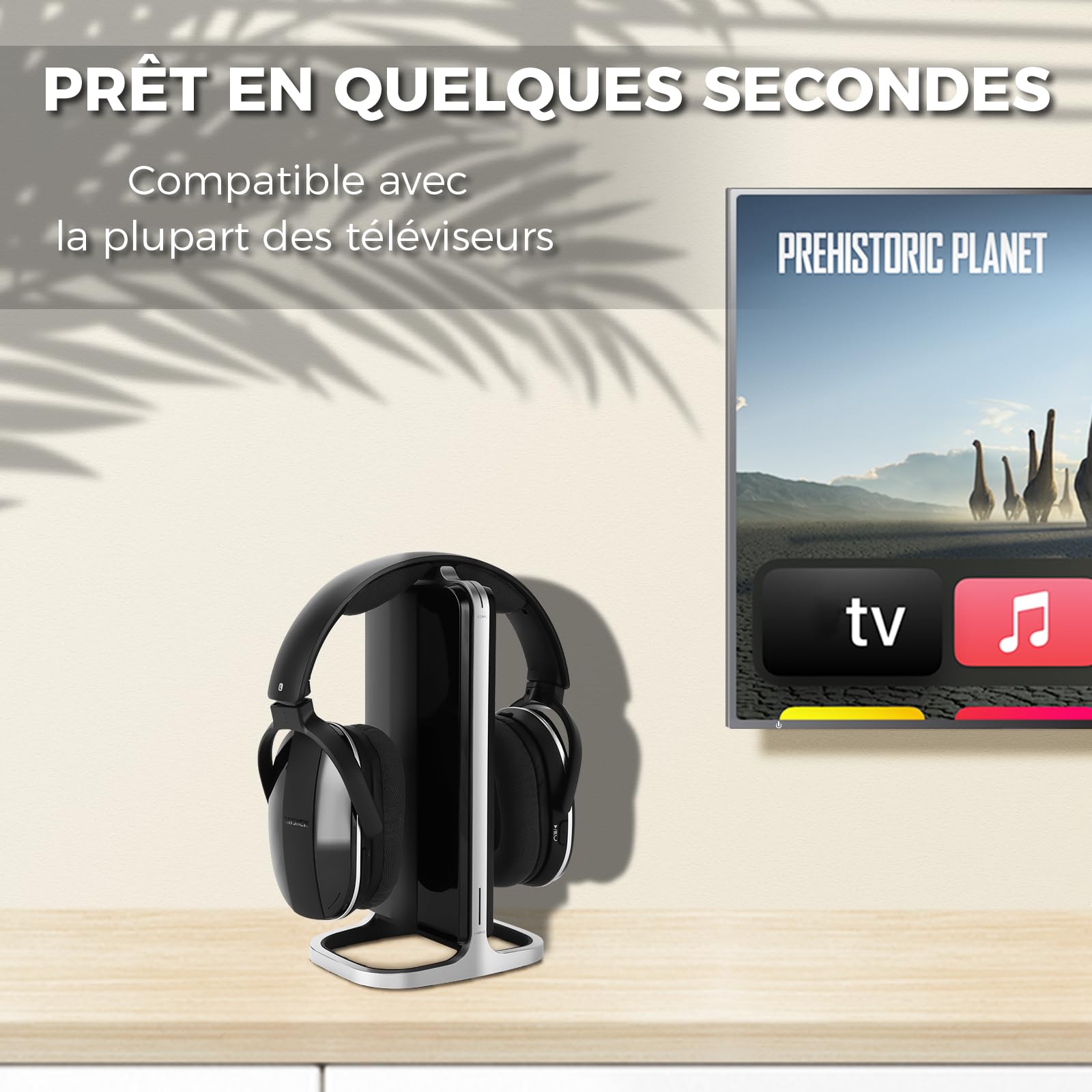 Casque sans Fil pour Regarder la télévision avec Station de Charge et émetteur RF, Casque TV Confortable pour Seniors, Compatible avec Toutes Les télévisions, Noir et Argent