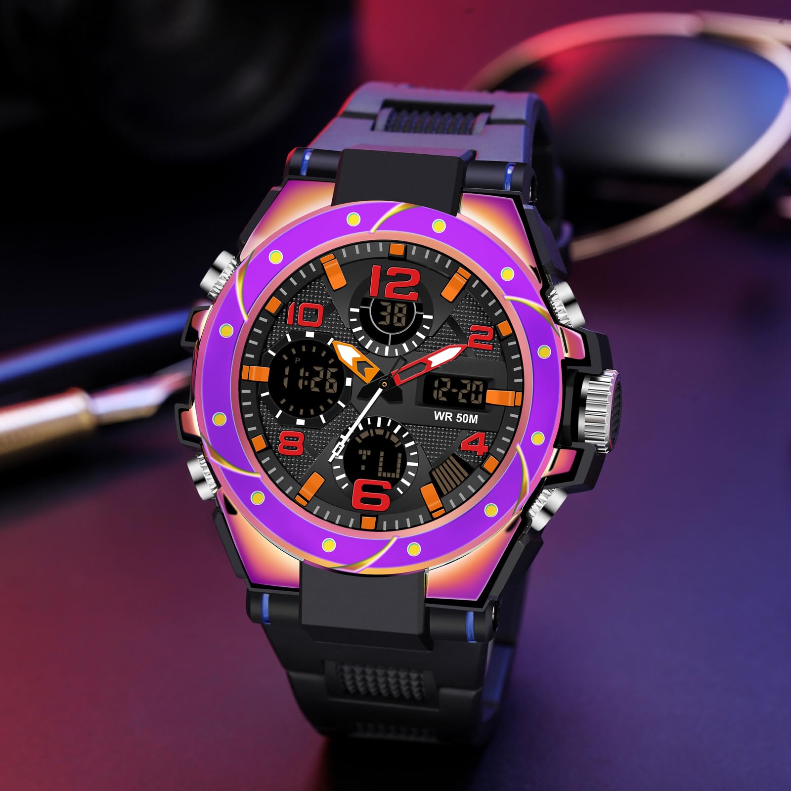 Montre de sport numérique militaire pour homme - Grand affichage - Étanche jusqu'à 5 ATM - Avec réveil, calendrier, chronographe
