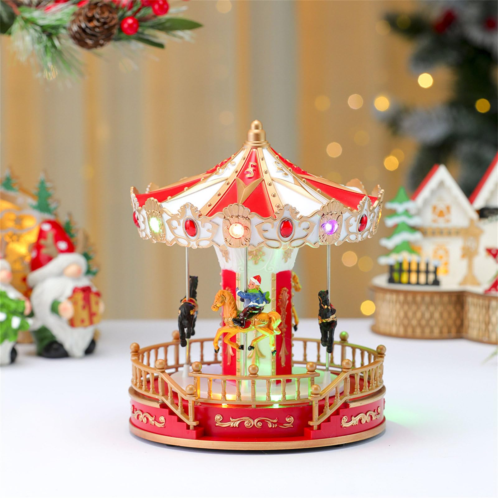 Decoración musical giratoria navideña Carruseles navideños iluminados por LED Adorno con opción de alimentación por batería USB Regalo para niños Carruseles navideños Caja de música con luz LED