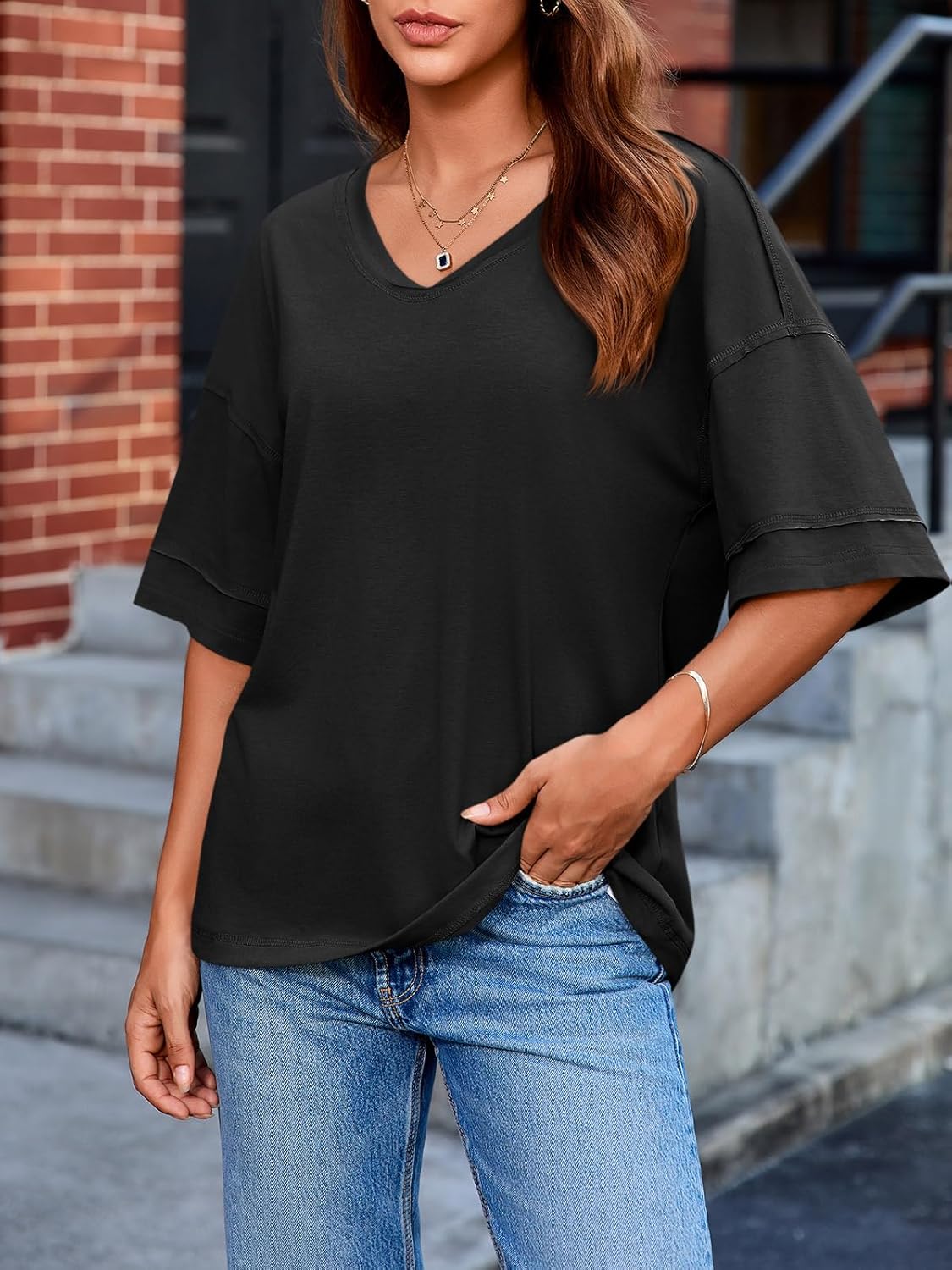 Tankaneo Womens V Neck Oversized Tshirts Summer Casual Short Sleeve Shirts Baggy Loose Fit Tees Tunic Tops - Image 3