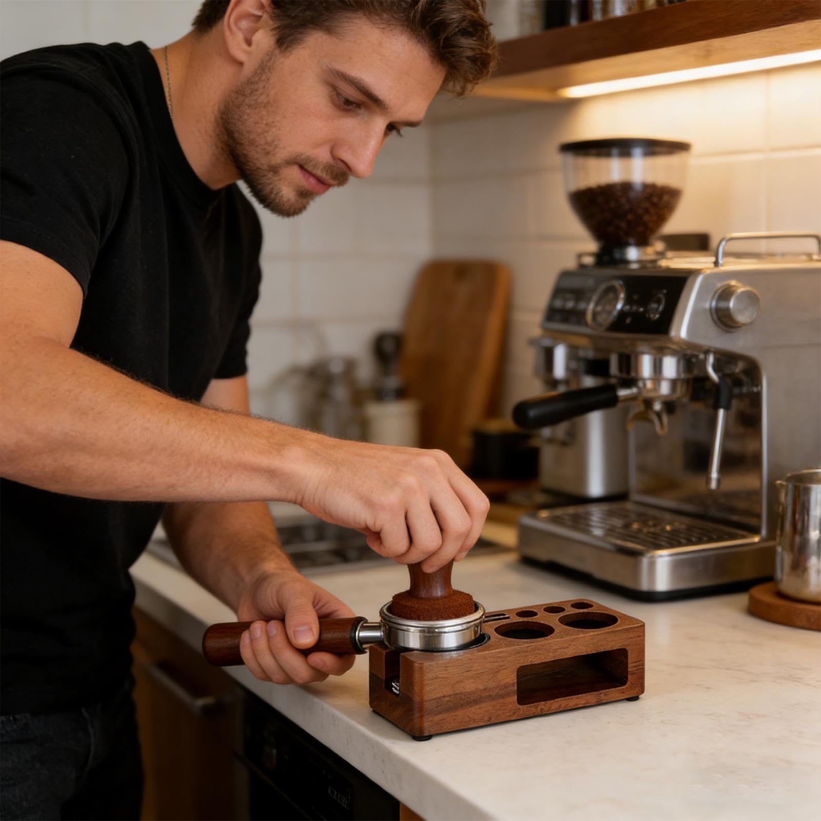 Tamper Station Multifunktionale Espresso Aufbewahrung aus Holz | Organizer Station für Kaffeezubehör Für Espresso Bar Zuhause Küche Wohnheim Gastronomie