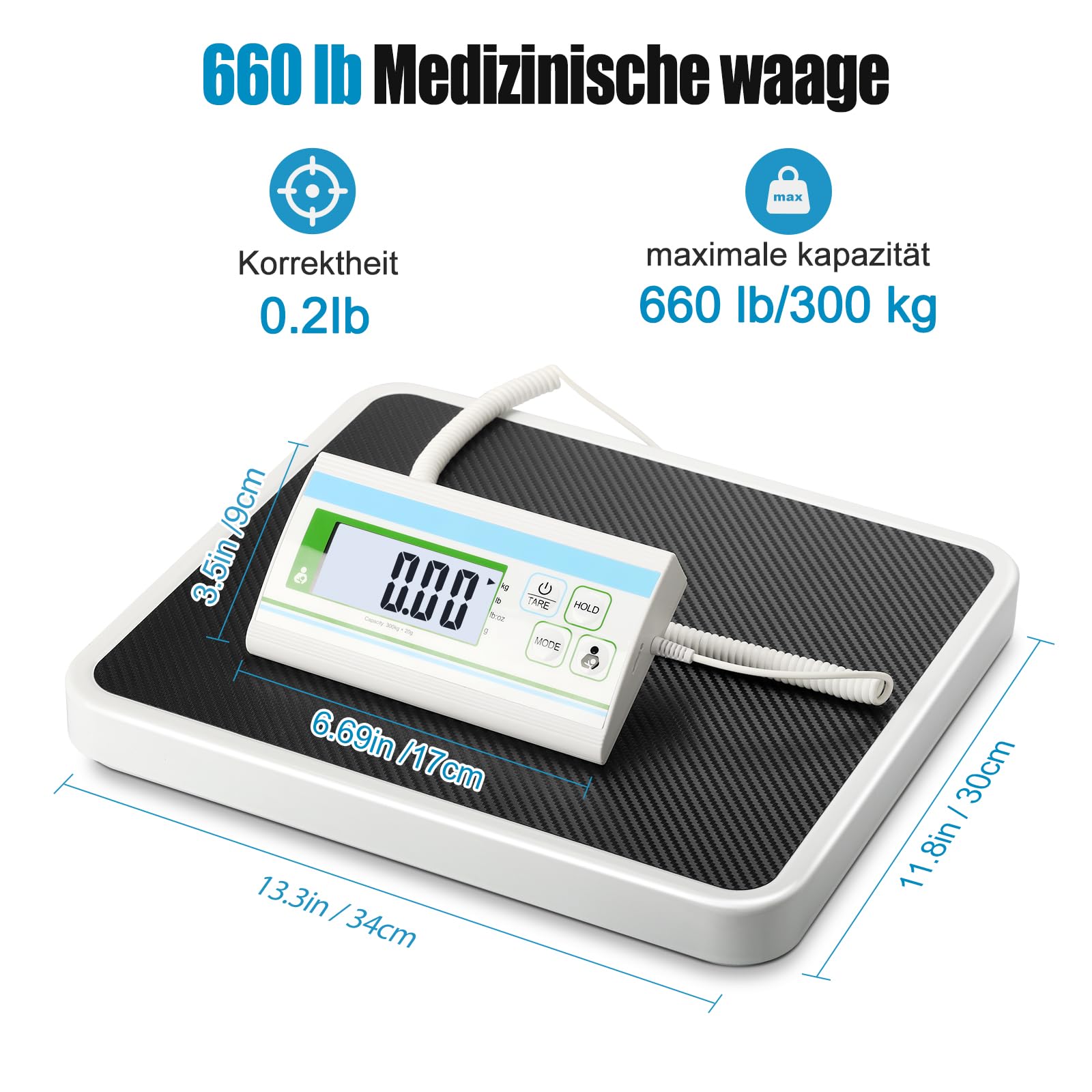 Medizinische Schwerlastwaage bis 300kg-Personenwaage separates Display | Digitale Plattformwaage mit 20g-Teilung, Tara & Hold-Funktion. Robuste Edelstahl-Körperwaage für Klinik, Praxis & Adipositas