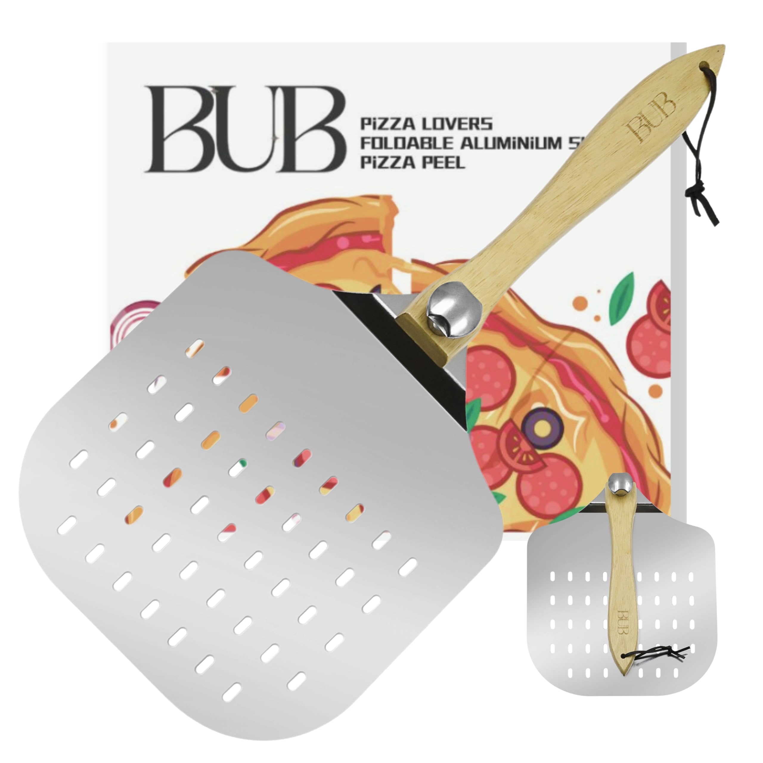 BUB Premium Quality 12 inch Pizza Peel - Aluminium Pizza Paddle with Folding Wooden Handle & Safety Backstep - Slotted to Reduce Dough Sticking - Foldable for Easy Storage (Premium)