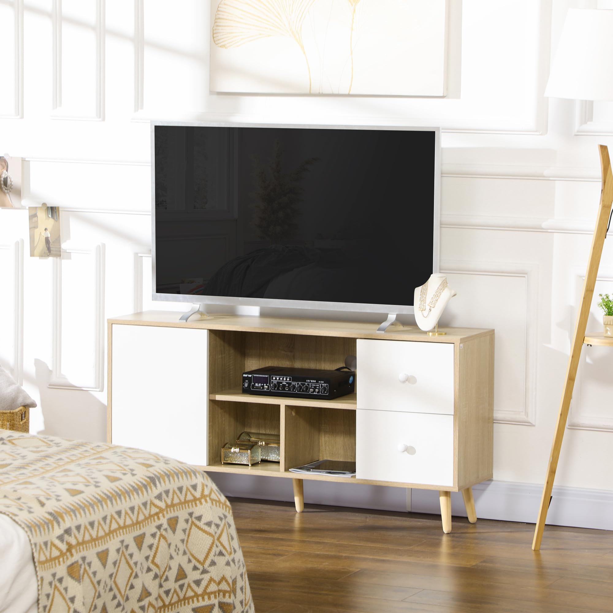 HOMCOM Meuble TV Banc TV jusqu'à 45 Pouces Pattes en Bois Massif 3 Niches | 1 Meuble avec Porte, 2 Tiroirs
