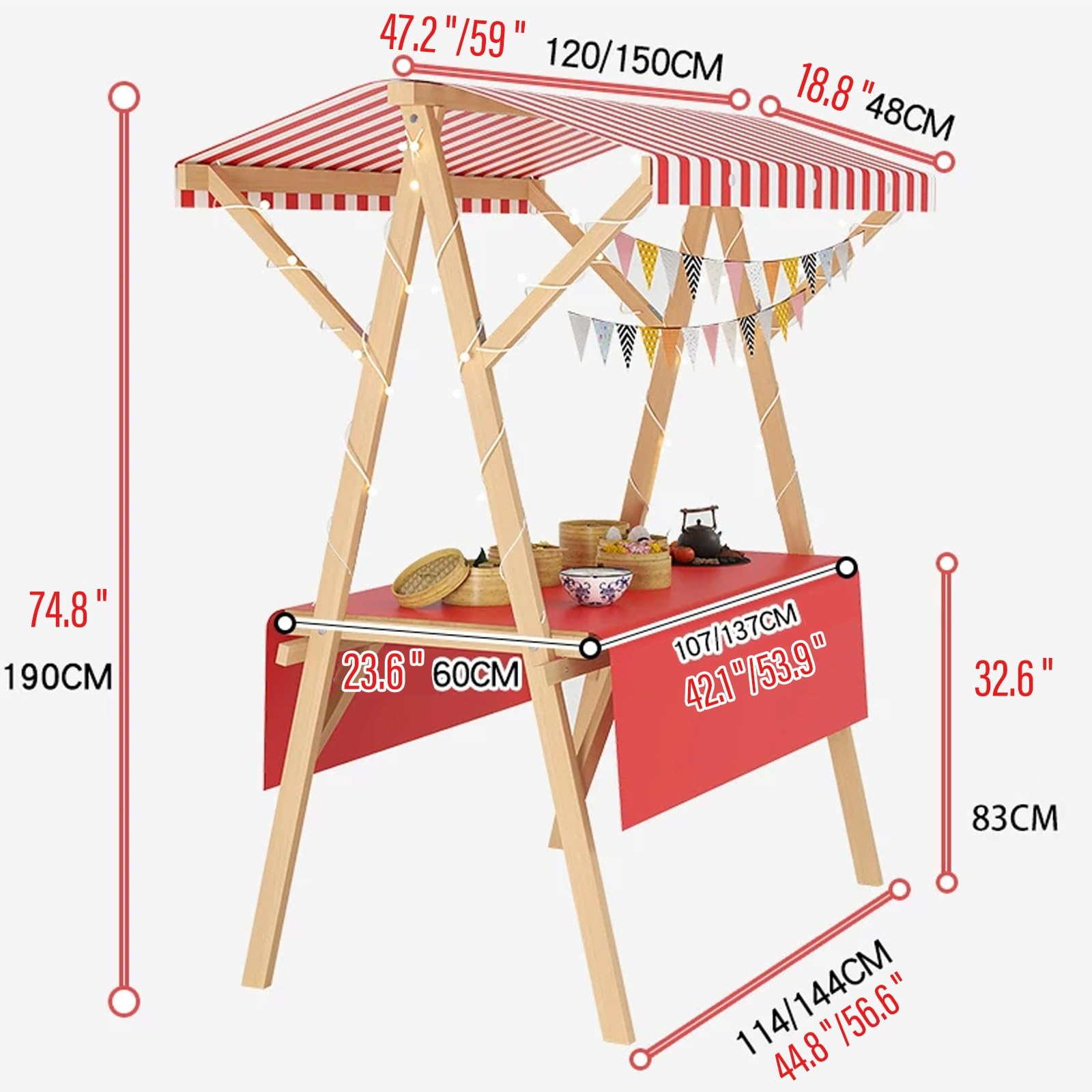 Carrello Portatile per venditori ambulanti, Supporto Mobile per venditori, Telaio in Legno Rinforzato, Facile da Montare, capacità di carico 140 kg, Ruote girevoli a 360°, Carrello da estern