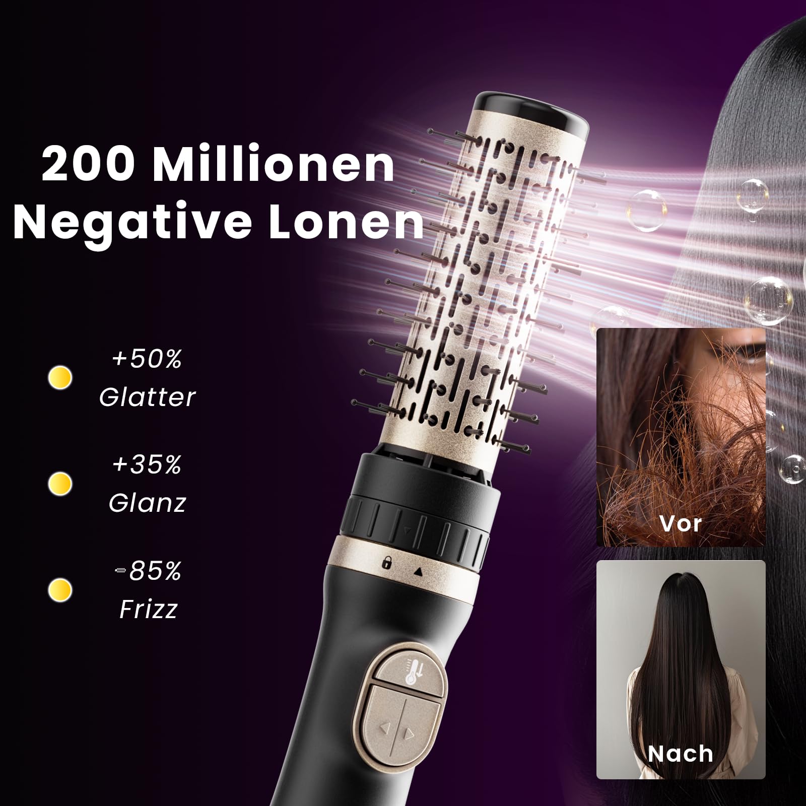 Rotierende Warmluftbürste, 3-in-1 Rundbürstenföhn mit 3 Köpfen zum Trocknen Styling Voluminierend Curling Schlafen in einem Schritt, 3 Temperaturen, Negativ-Ionische, Keramikbeschichtung, 360 ° Drehen