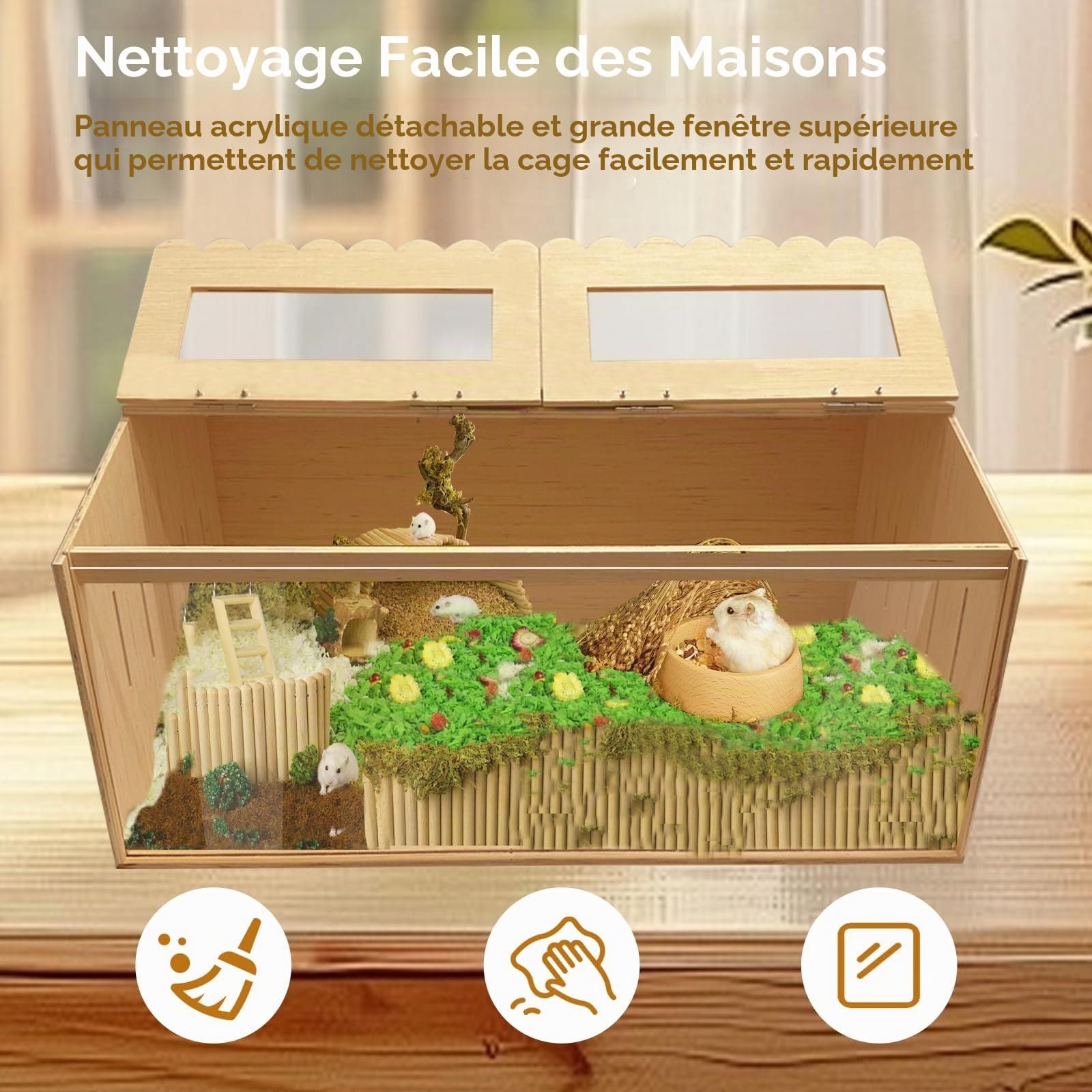Cage pour hamster - 80 x 40 x 40 cm - En bois - Pour petits animaux - Avec fenêtre transparente en acrylique - Trous d'aération sur le côté - Convient pour les petits animaux, hamsters