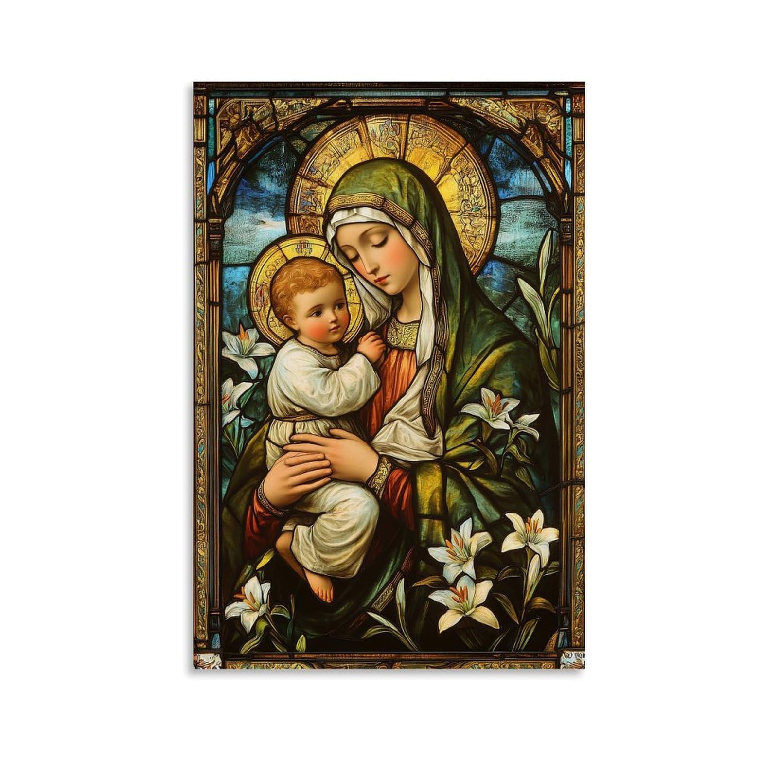Minimalist Canvas Wall Art Picture Print-Religious Poster Heavenly Virgin Mary with Baby Jesus in Stained Glass Style Modern Family for Living Room Decor 24x36inch(60x90cm)