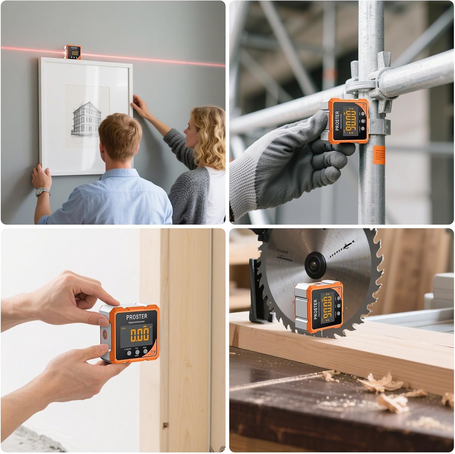 Proster Digital Angle Finder with Laser 4-Side Magnetic Angle Gauge IP54 Waterproof LCD VA Display USB-C Inclinometer Level Box for Woodworking Carpentry Building(Laser Level Class II,Output<1mW)
