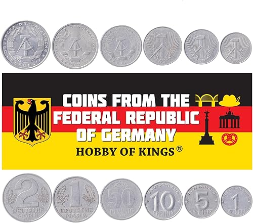 6 Coins de German Democratic Republic Colección de Monedas de Alemania Oriental 1 5 10 50 Pfennig 1 2 Deutsche Mark Circulado 1952-1963 Martillo