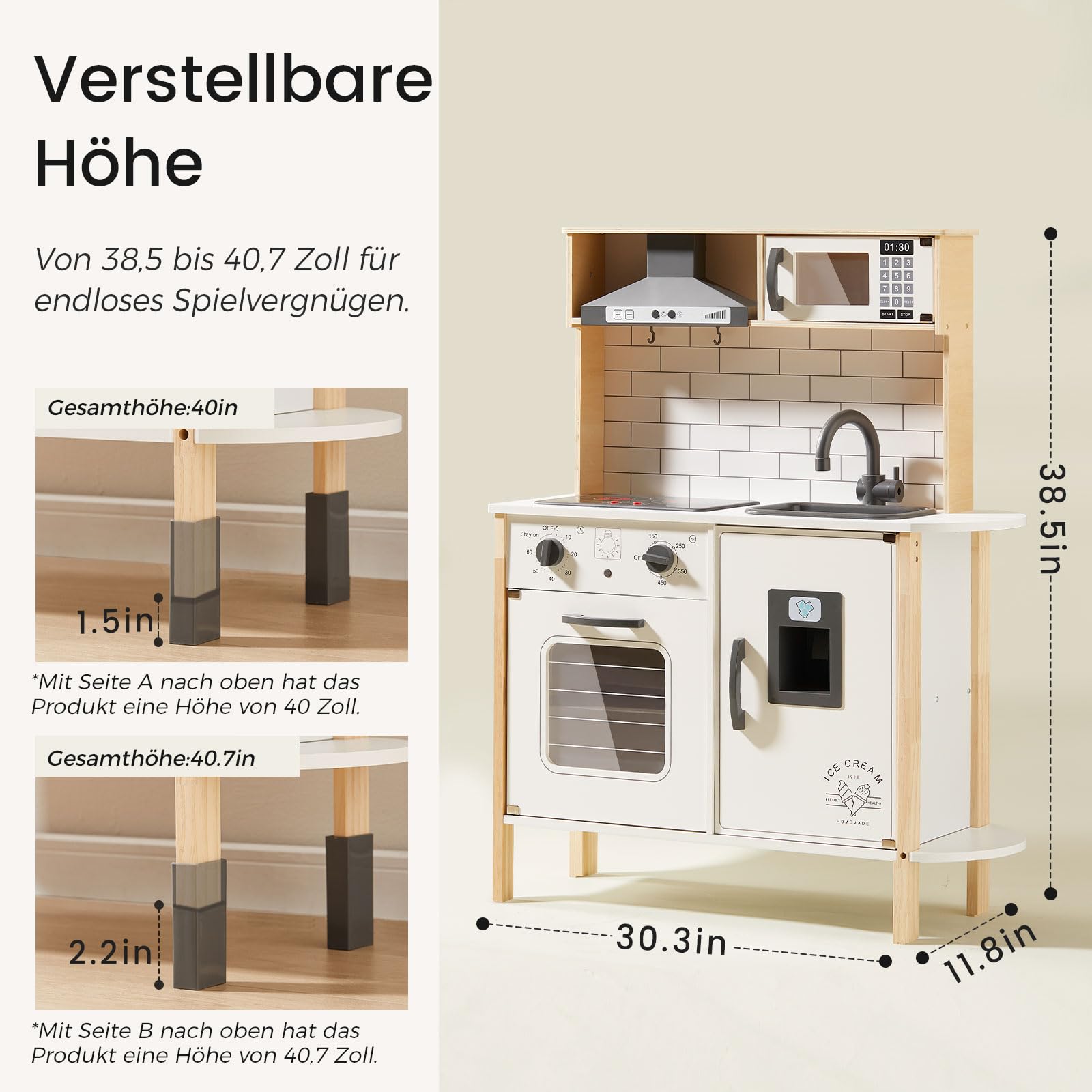 Tiny Land Kinderküche Holz für Kinder mit Licht & Sound, 18-TLG. Zubehör Set, 3-Fach Höhenverstellbare Spielküche für Kinder, Montessori Spielzeug Küche für Jungen & Mädchen, Weiß