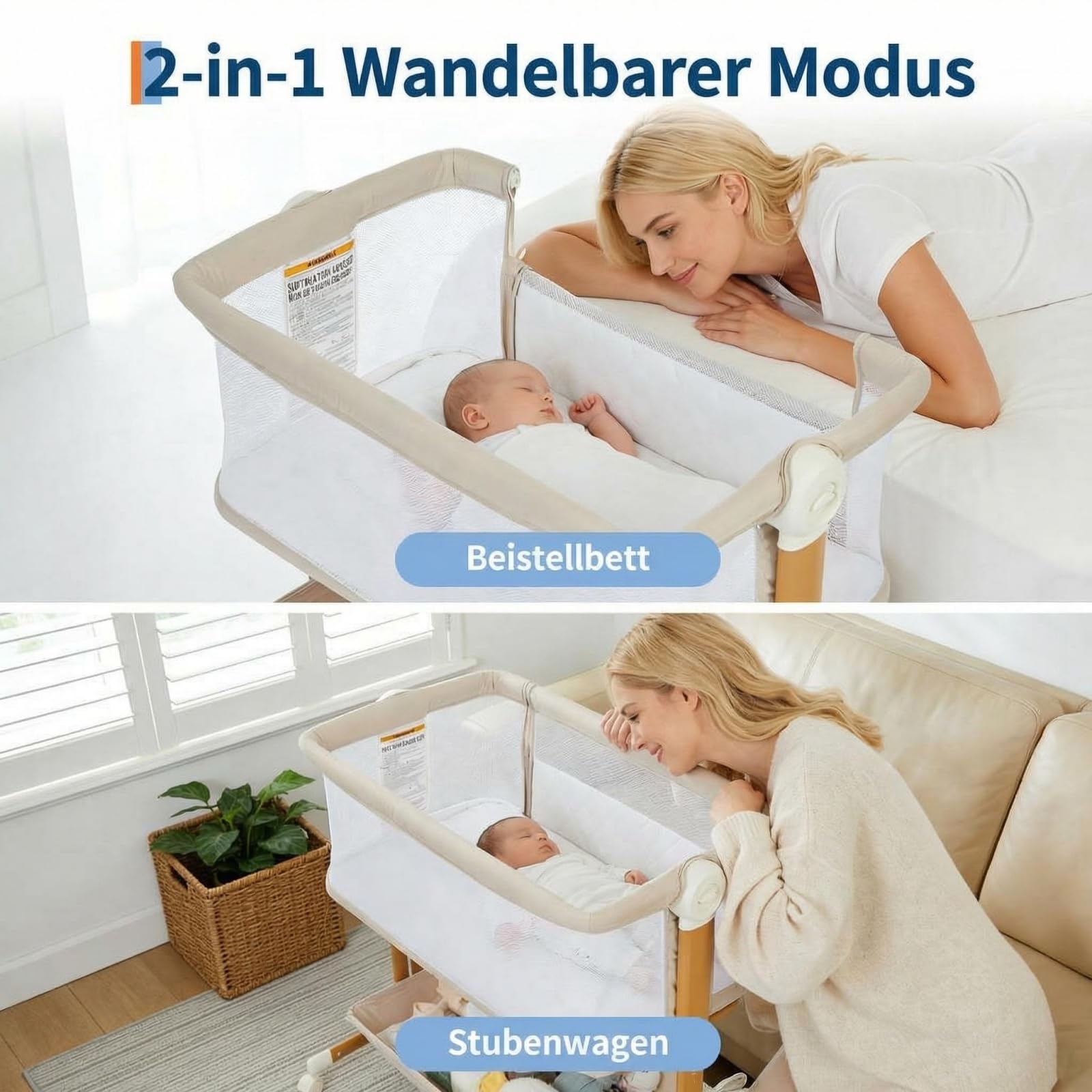 3 in 1 Baby-Beistellbett mit Weich Matratze | Sicher Getestet & Vielseitig Einsetzbar, 7-Fach Höhenverstellung, Faltbare Seitenwand mit Rollen für Zuhause und Unterwegs