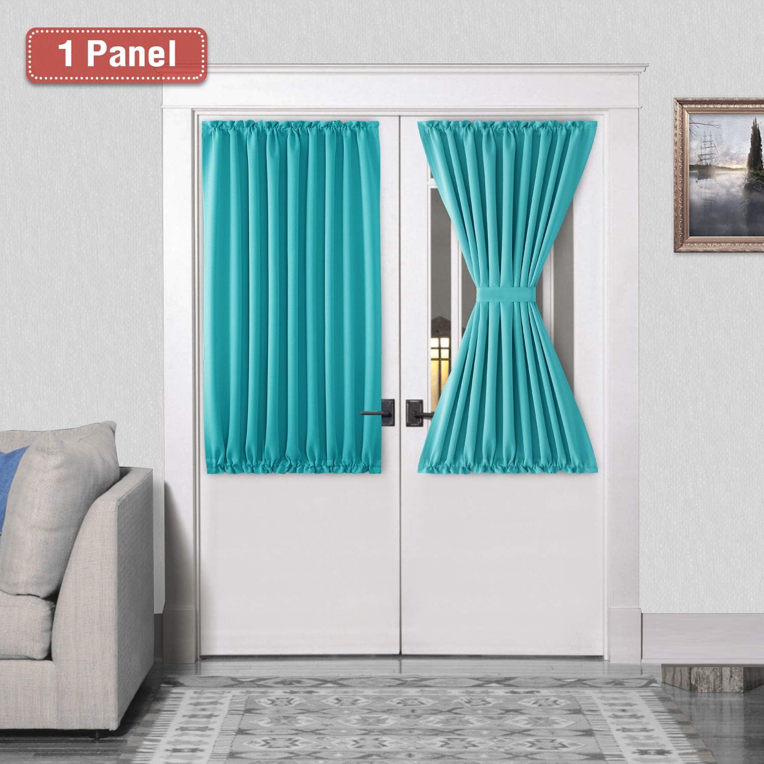 DWCN French Door Curtains – Rod Pocket Thermal Blackout Curtain for Doors with Glass Window, Kitchen and Patio Doors for Privacy, 54 X 40 Inch Length, 1 Curtain Panel with Tieback, Turquoise