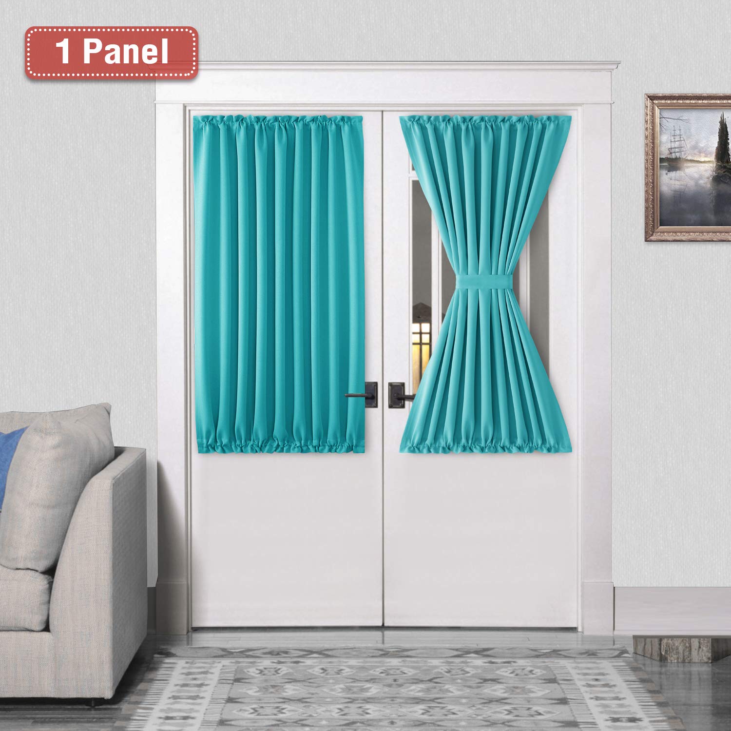 DWCN French Door Curtains – Rod Pocket Thermal Blackout Curtain for Doors with Glass Window, Kitchen and Patio Doors for Privacy, 54 X 40 Inch Length, 1 Curtain Panel with Tieback, Turquoise
