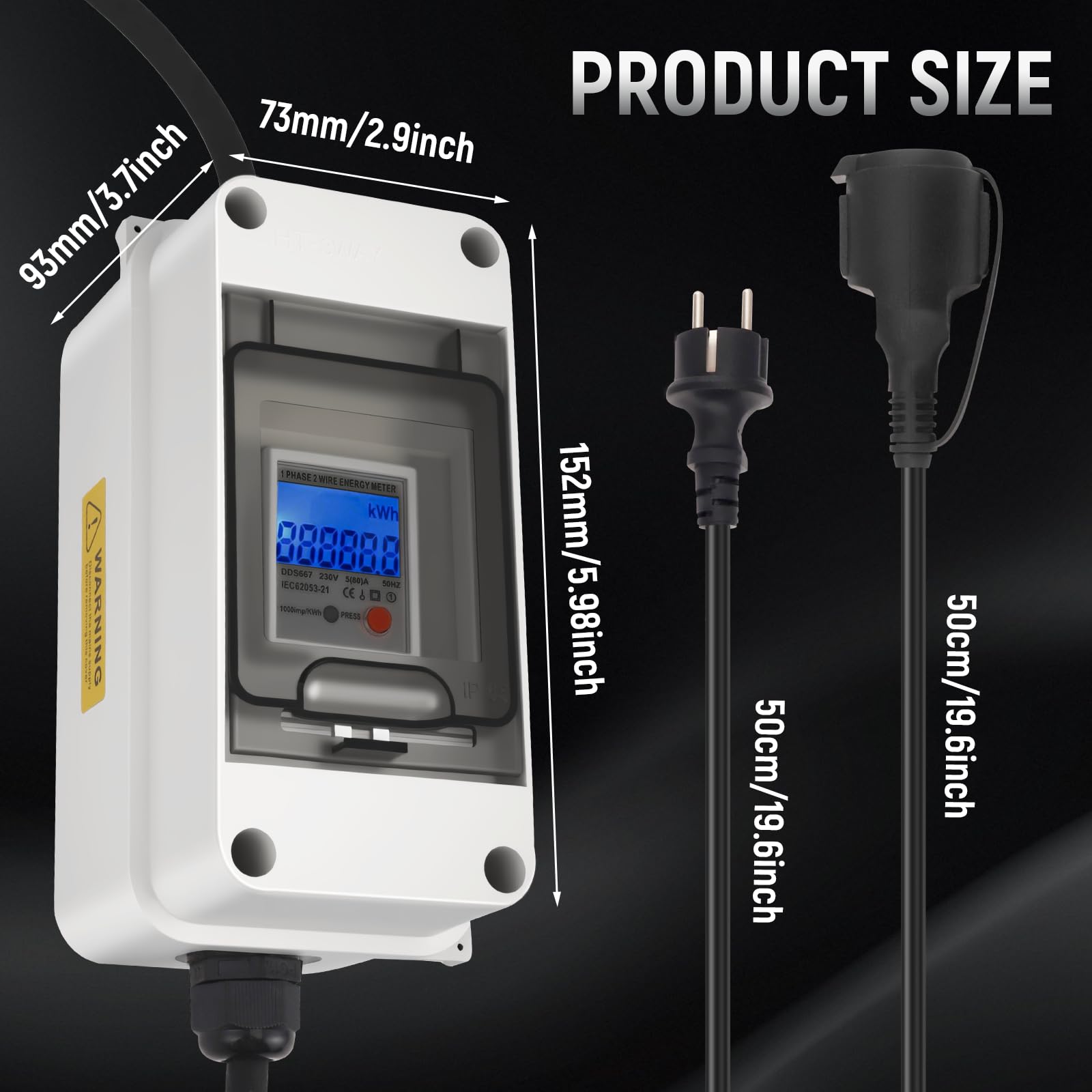 Contador Eléctrico Digital Móvil para Enchufe de 230V 16A, Impermeable IP65 Medidor Digital Portátil de Electricidad con Reinicio para Autocaravanas, VehíCulos Eléctricos, Hogares, Cable de 1 M
