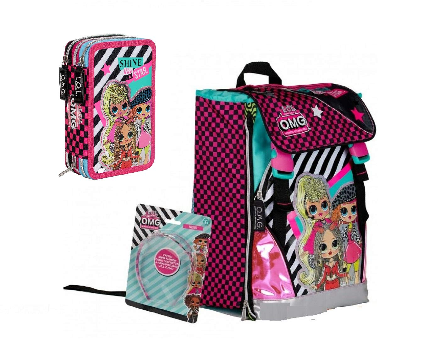 G.P. Schoolpack Zaino Scuola LOL O.M.G. Estensibile 40x29x13(+9) cm + Astuccio 3 Zip Completo